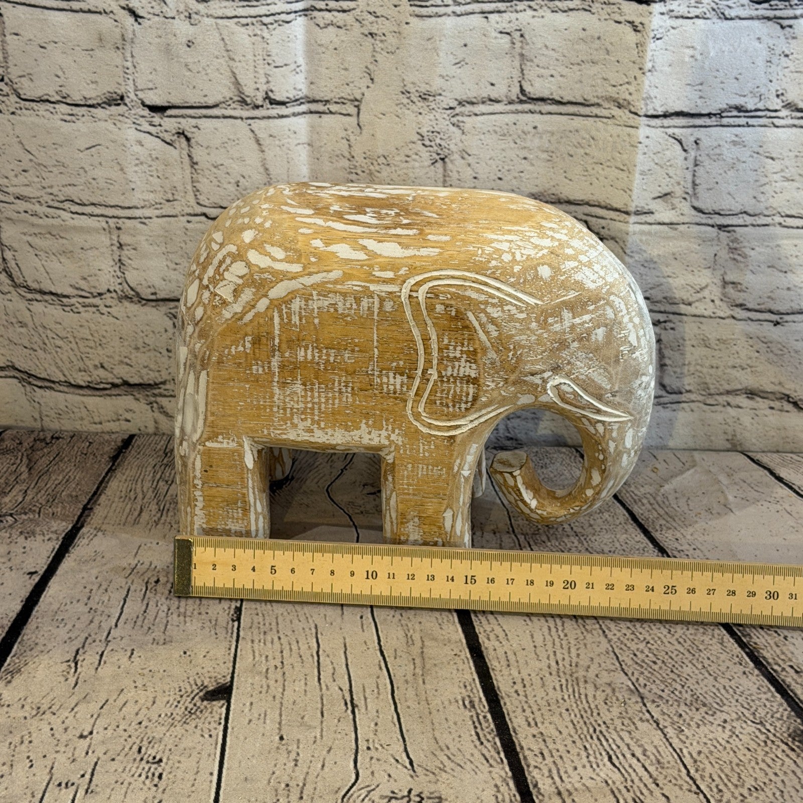 20cm x 25cm White Wood Wooden Standing Elephant Hand Carved Painted Statue7