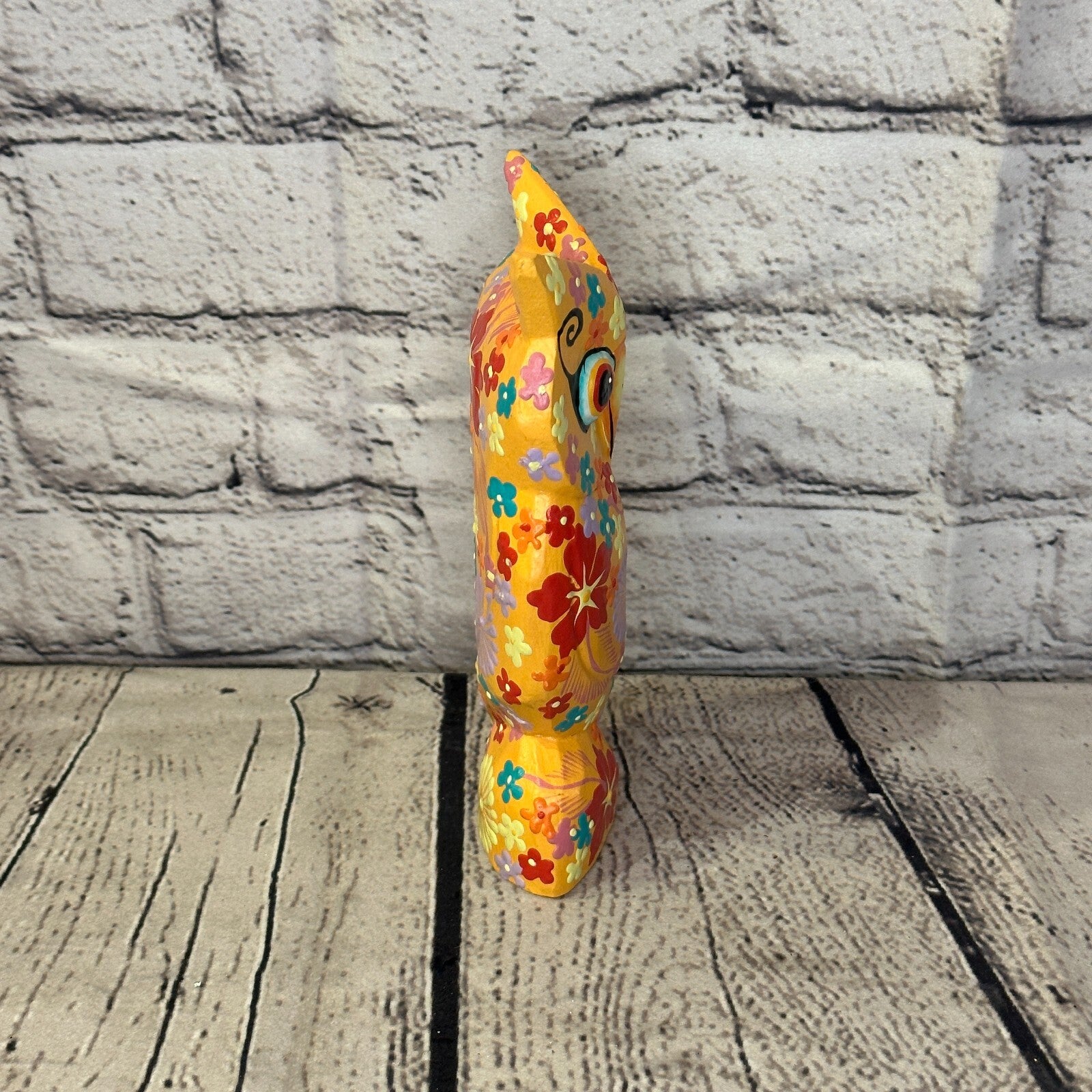 Orange Medium Wooden Owl With Flower Pattern 15cm x 8cm Handmade and Fairtrade3