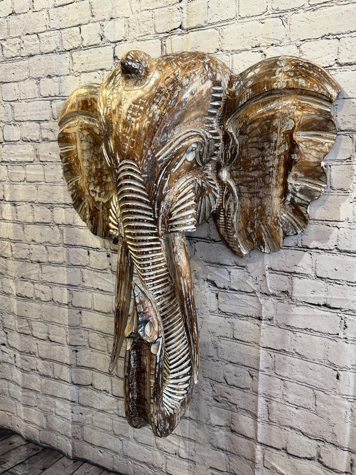 80cm x 60cm Brown Carved Wood Elephant Head Wall Mounted Art Large Shabby1