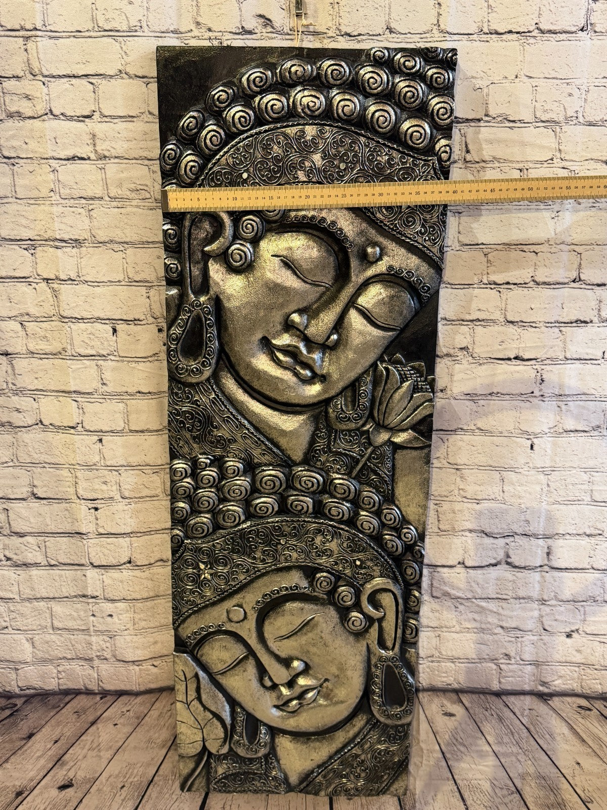 120cm x 40cm Silver Black 2 Buddha Wall Art Plaque Handcarved Wooden Wood Panel3