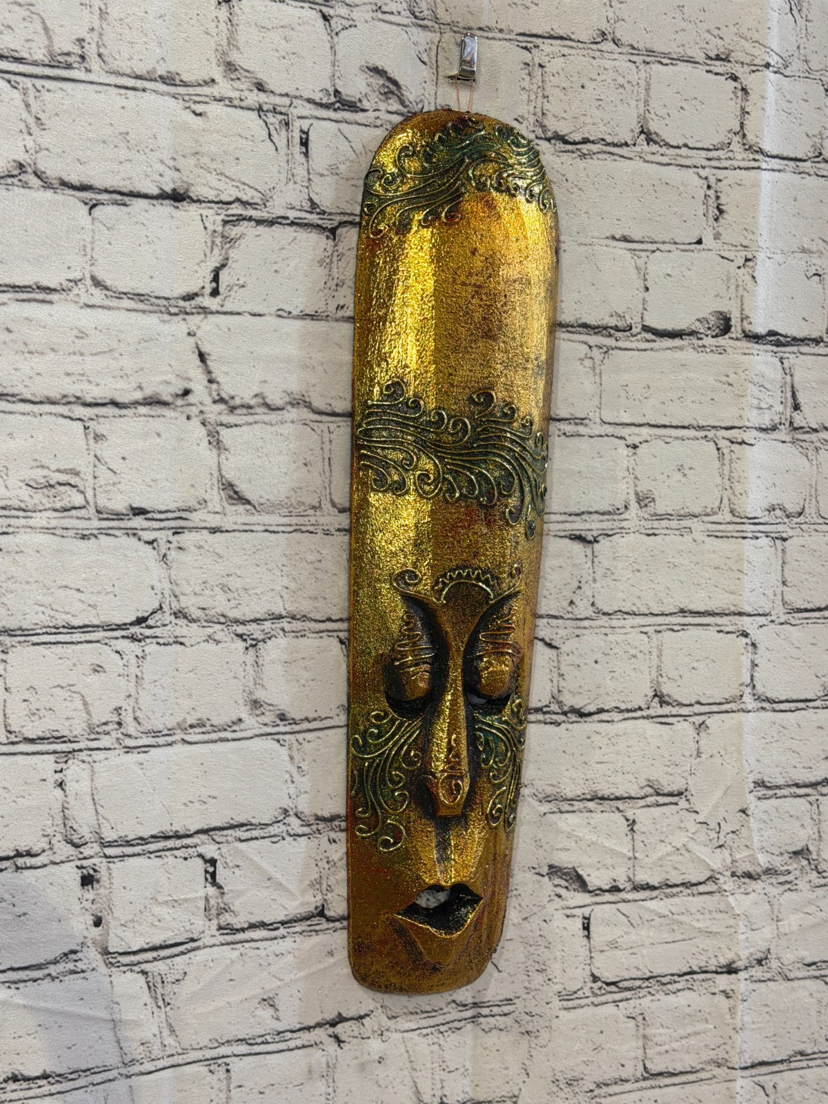 50cm Gold Painted Mask Carved Wooden Brown Work Ethnic Tribal Tiki Wall Art0