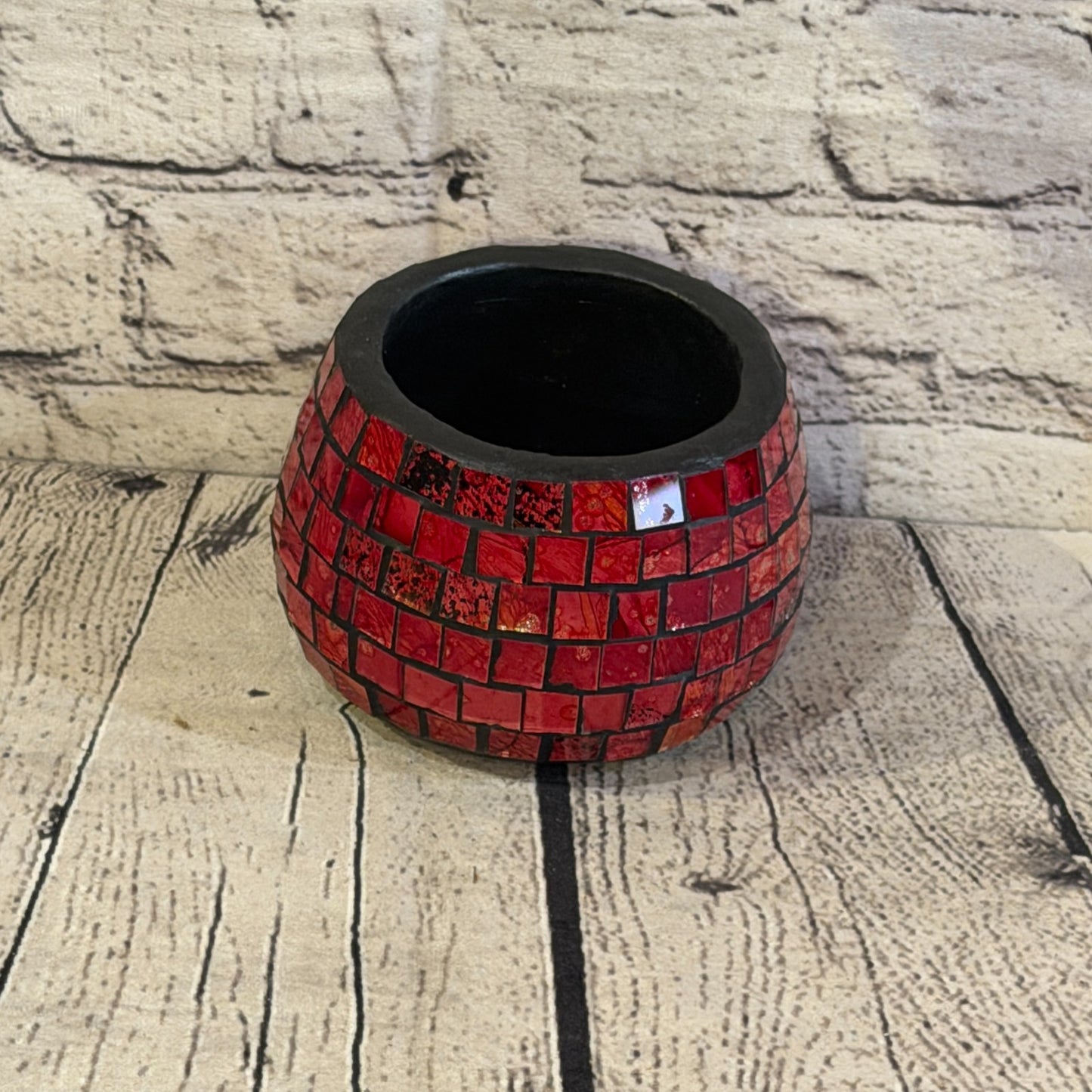 Red Small Pot 12cm Round Mosaic Pottery Incense Holder Burner Detail0