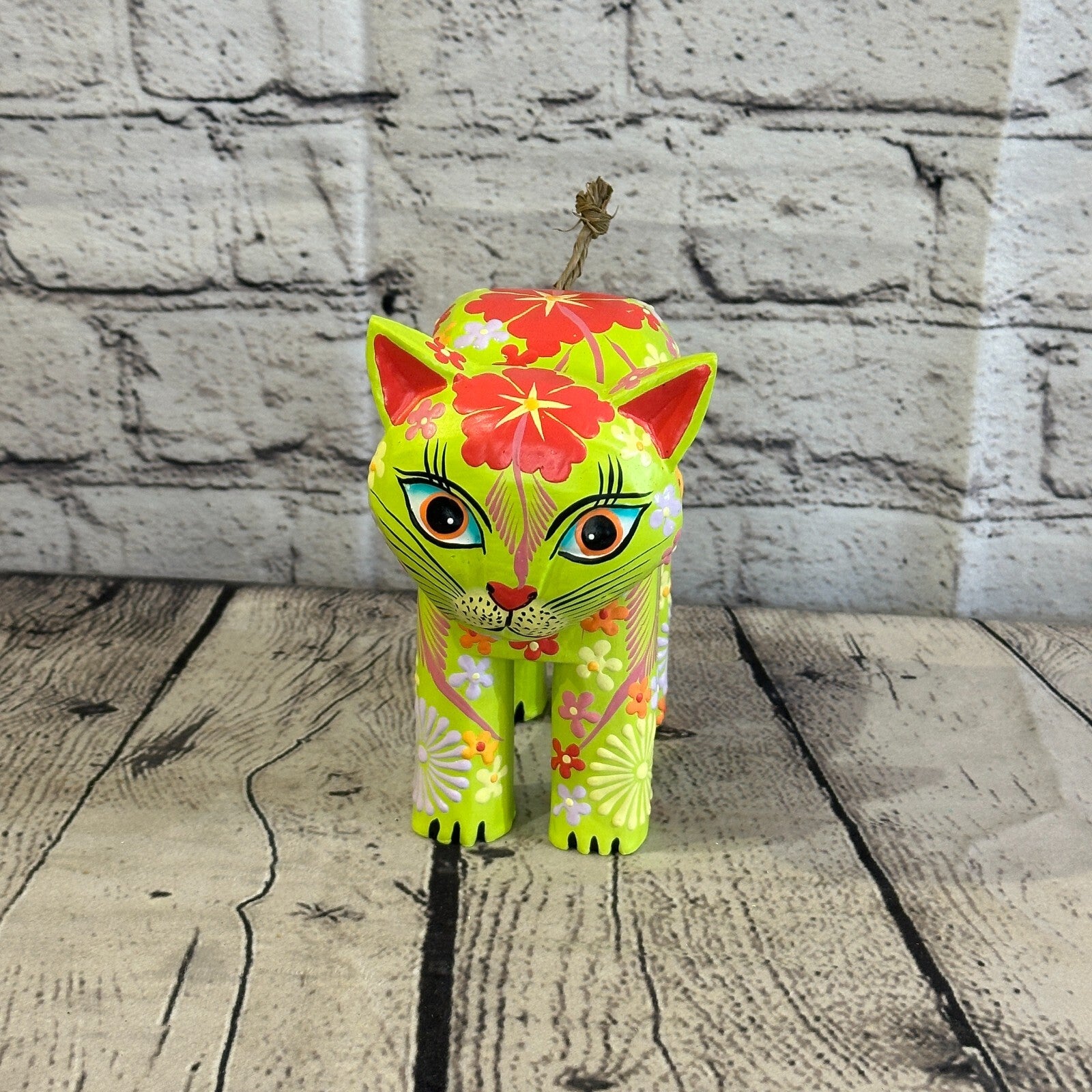Green Large Wooden Cat With Flower Pattern 15cm x 10cm Handmade and Fairtrade1
