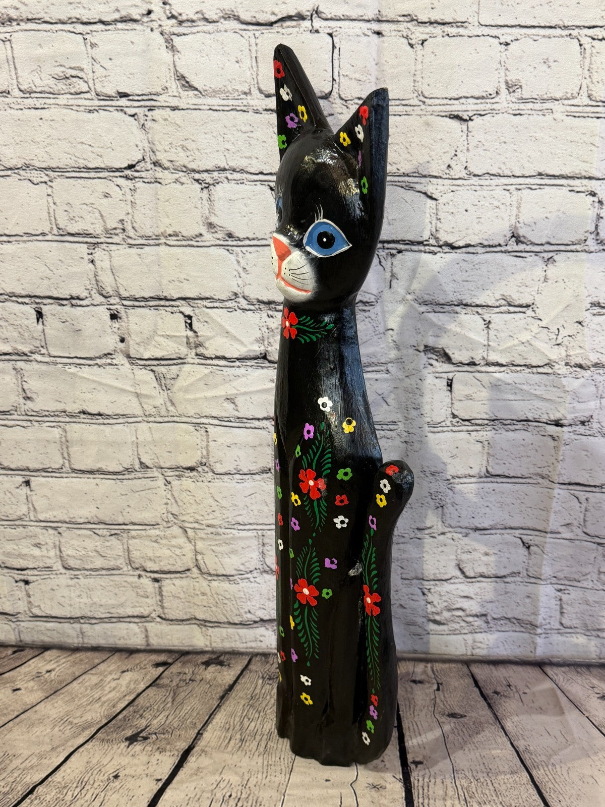 60cm Black Mix Flower Wooden Shabby Cat Statue Ornament Fair Trade Handcarved1