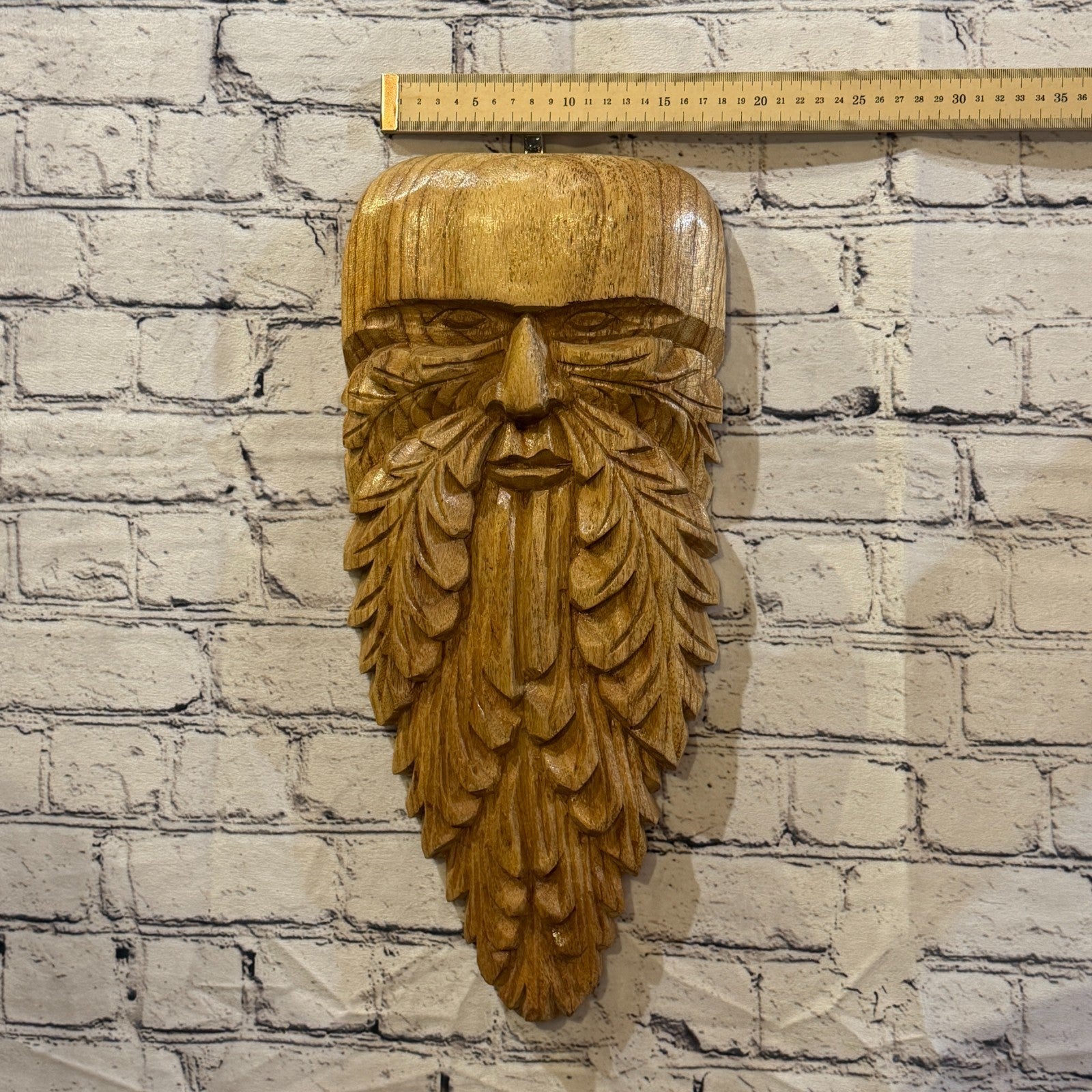 Green Man Of The Woods 45cm x 20cm Flat Carved Wizard Tree Trunk Wood Fairtrade3