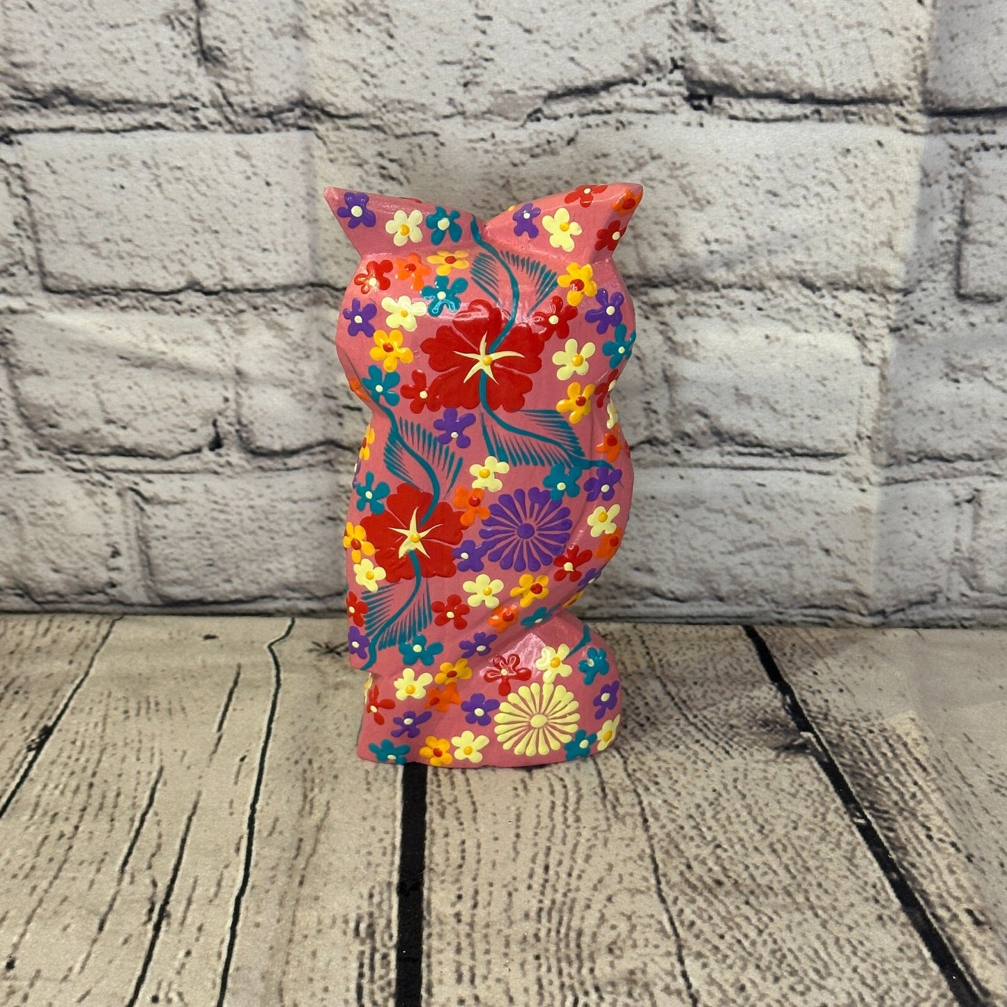 Pink Medium Wooden Owl With Flower Pattern 15cm x 8cm Handmade and Fairtrade4