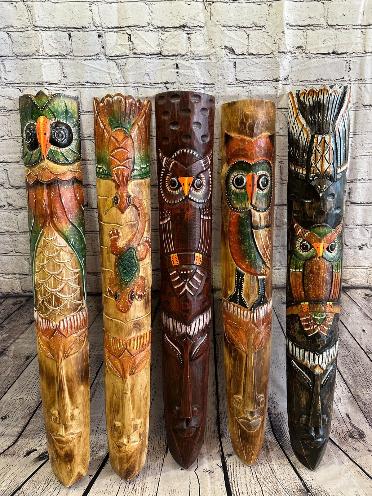 100cm Standing Owl Hand Carved Fair Trade Wooden Animal Wall Art Wall Hang Mask7