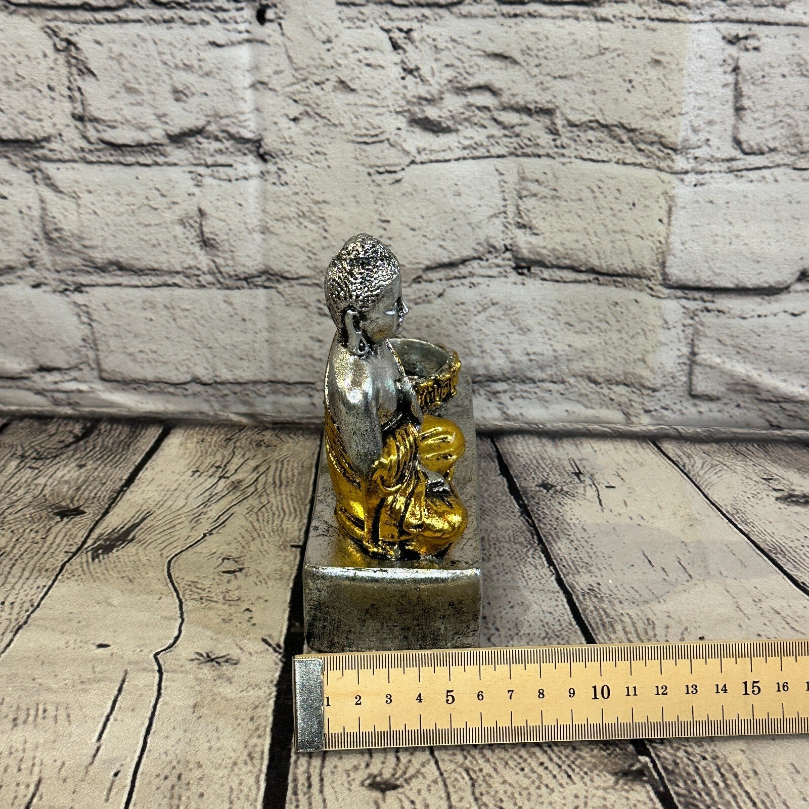 Silver And Gold 15cm x 15cm Thai Buddha Tea Light Holder Statue Resin Hindu8