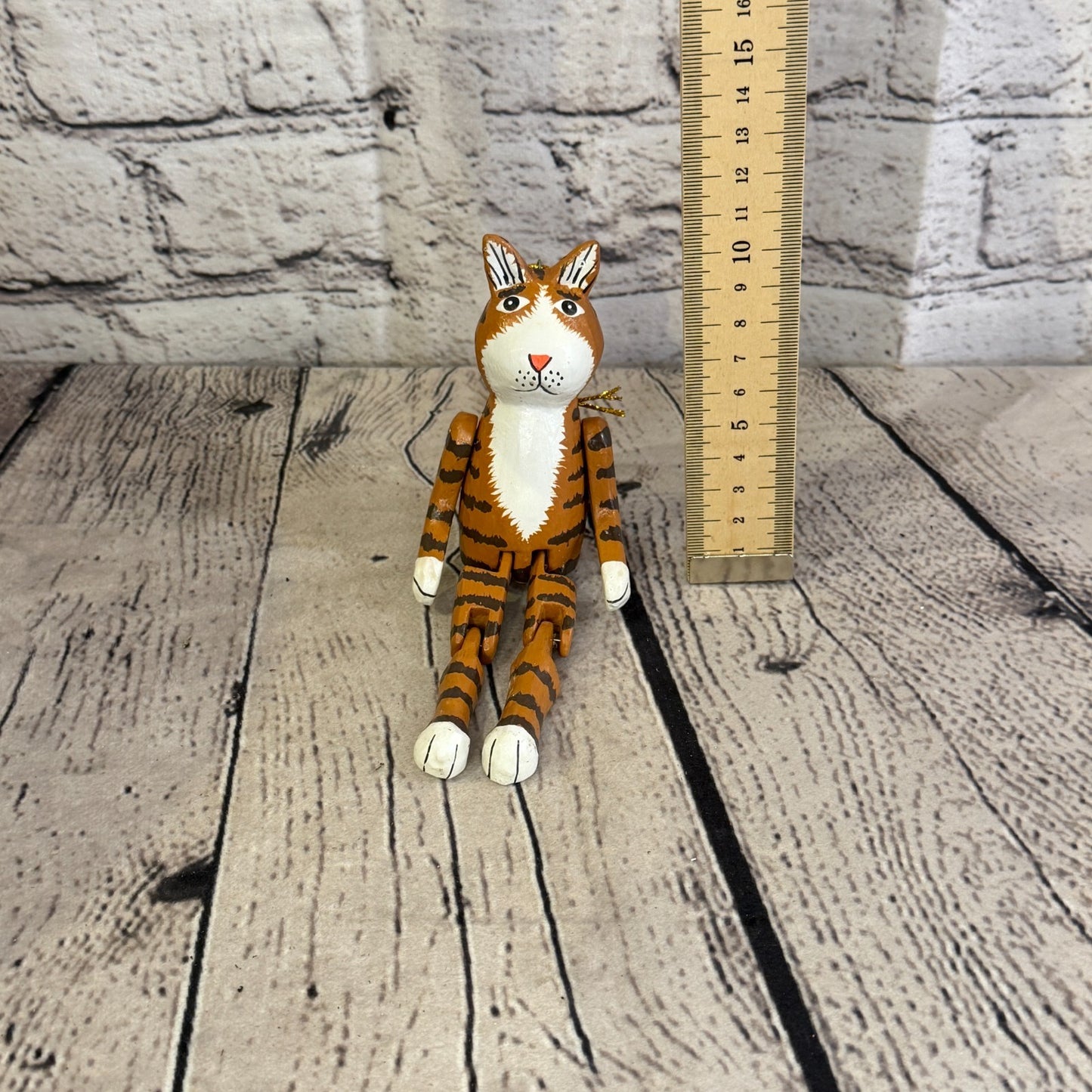 10cm Brown Tabby Cat Sitting Animal, Wooden Shelf Ornament Handmade Fairtrade5