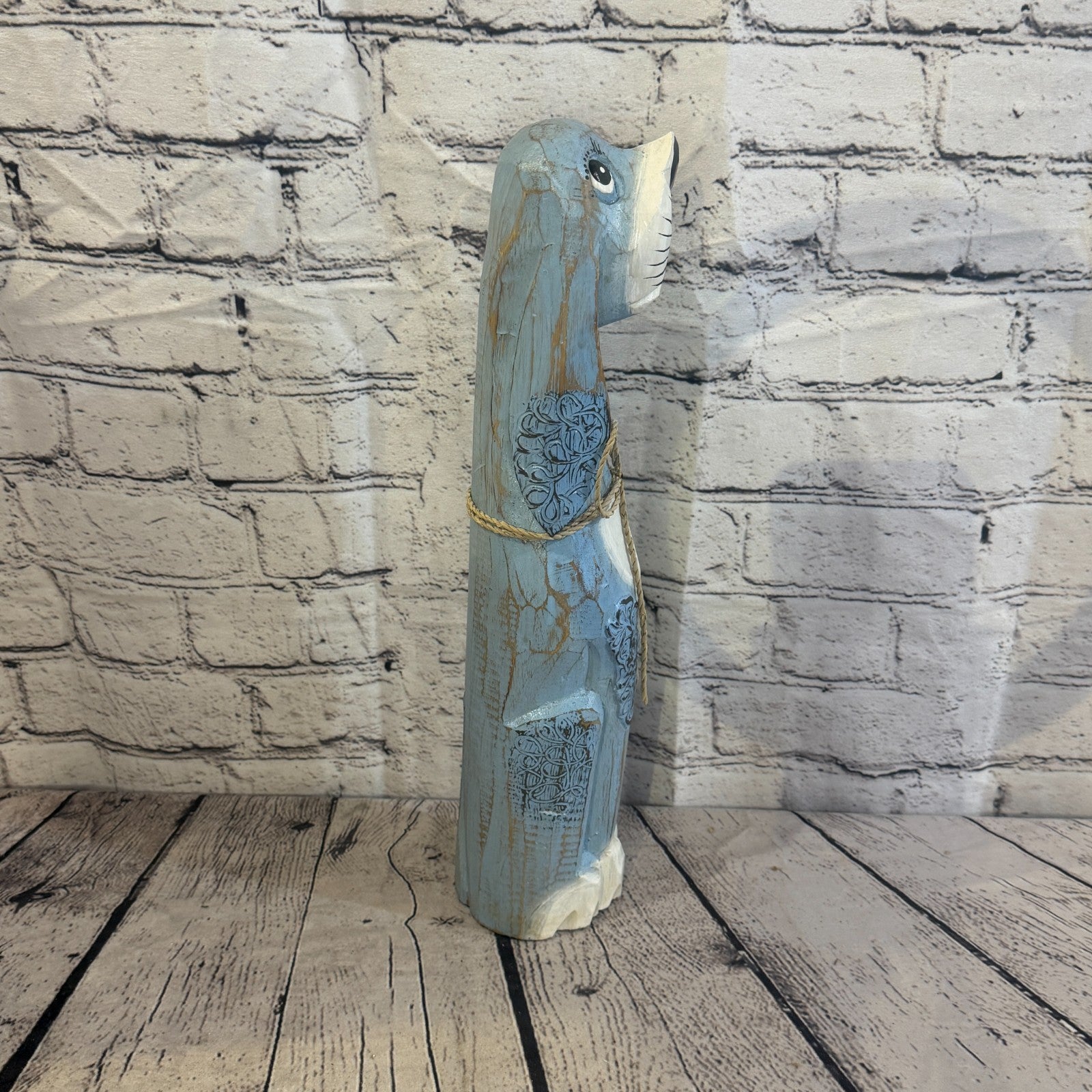 40cm Light Blue Wooden Shabby Dog Statue Ornament Fair Trade Handcarved3