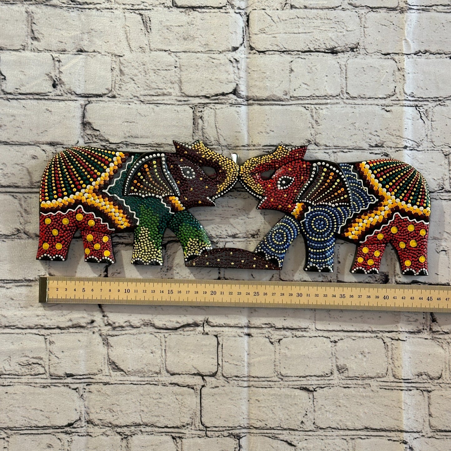 45cm 2 Elephants Carved Wooden Dot Painted Ethnic Tribal Tiki Wall Handmade No 13