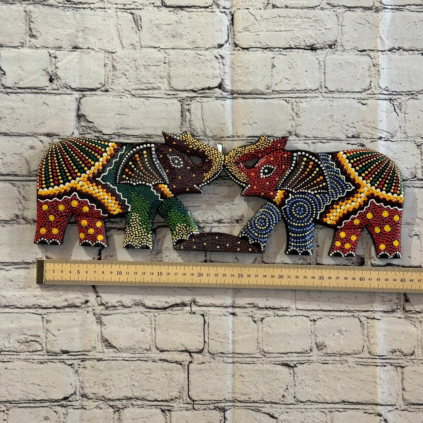 45cm 2 Elephants Carved Wooden Dot Painted Ethnic Tribal Tiki Wall Handmade No 13