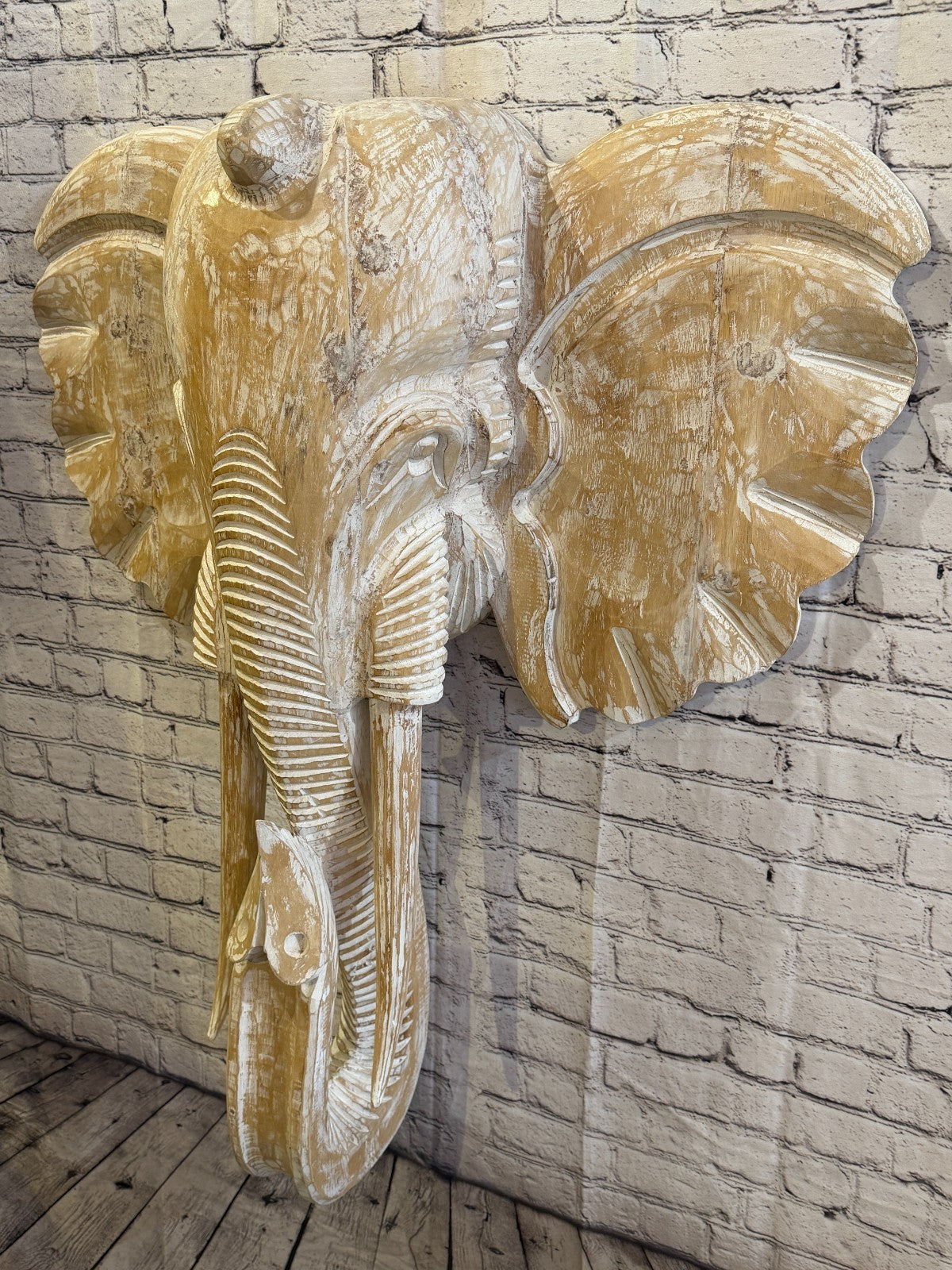 100cm x 80cm White Carved Wood Elephant Head Wall Mounted Art Large Shabby1