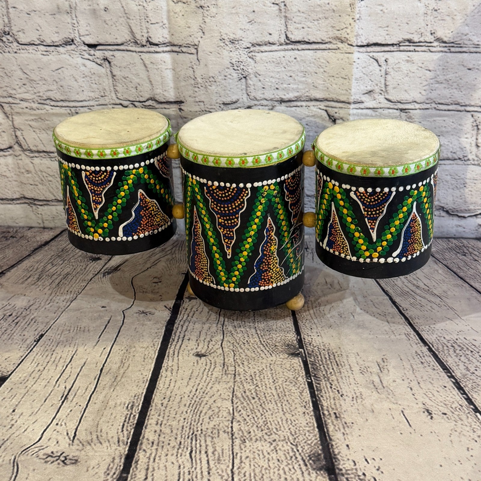 15cm Triple Djembe Drums Musical Instrument Hand Made Fair Trade Dot Painted0