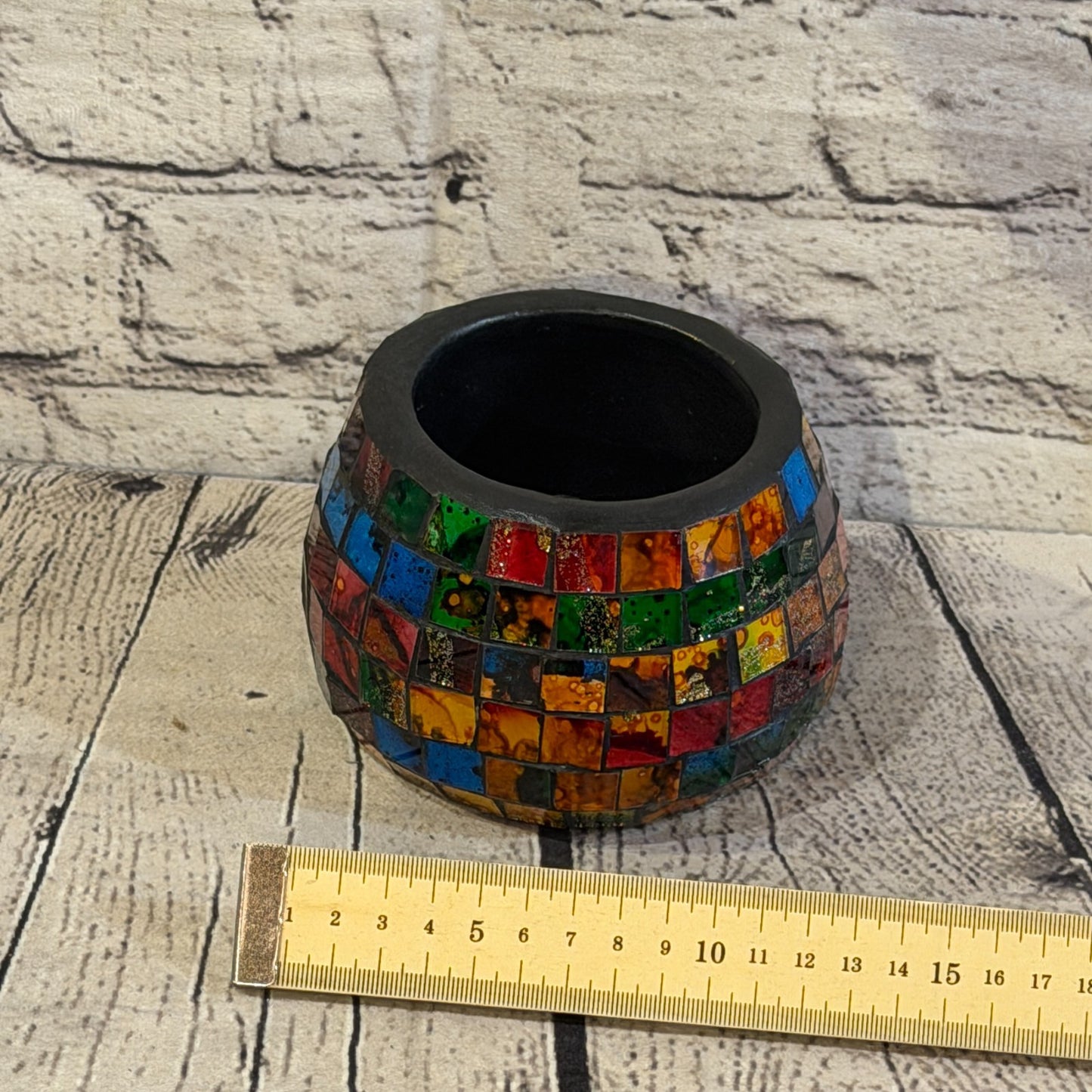 Rainbow Small Pot 12cm Round Mosaic Pottery Incense Holder Burner Detail1