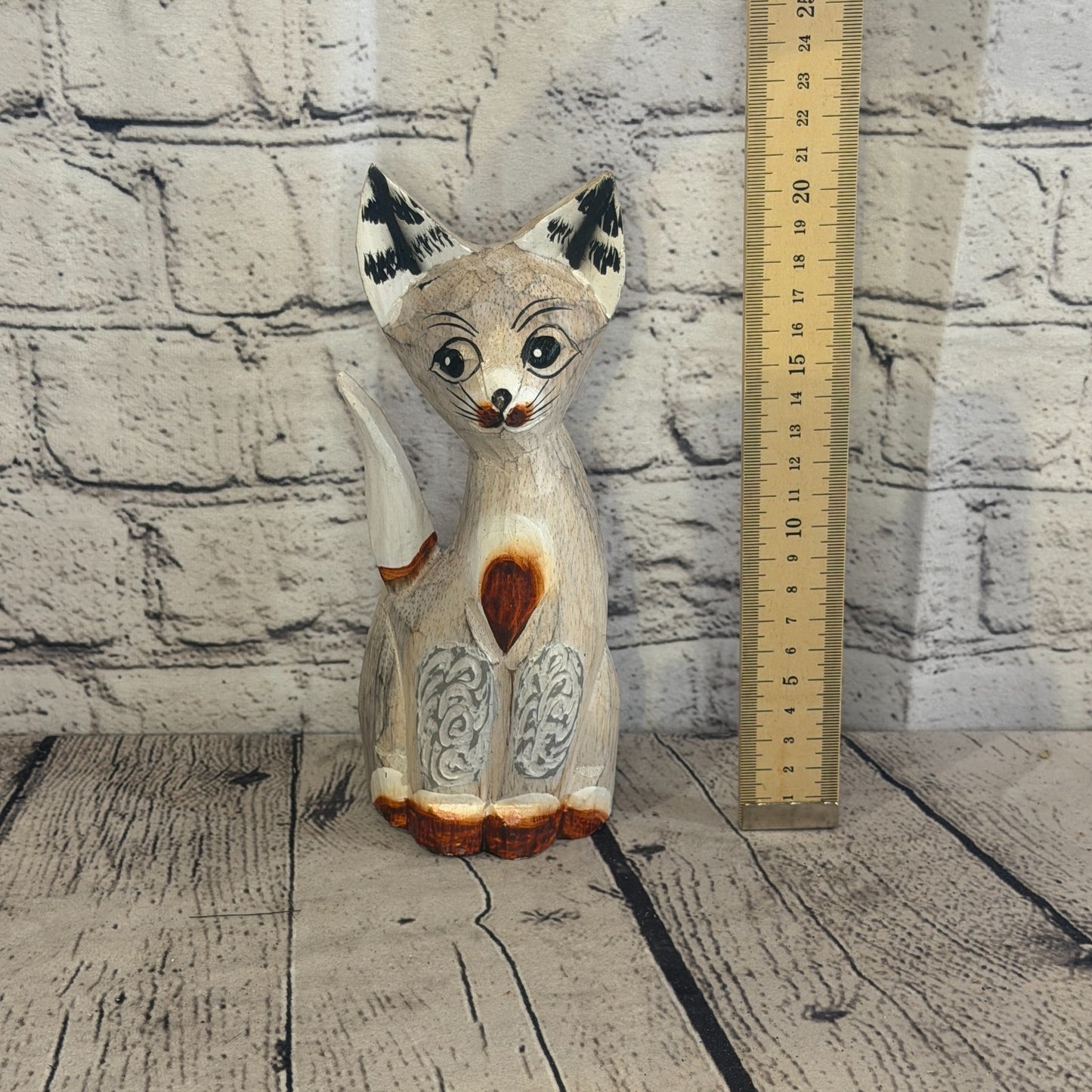 20cm White Dots Wooden Shabby Cat Statue Ornament Fair Trade Handcarved5