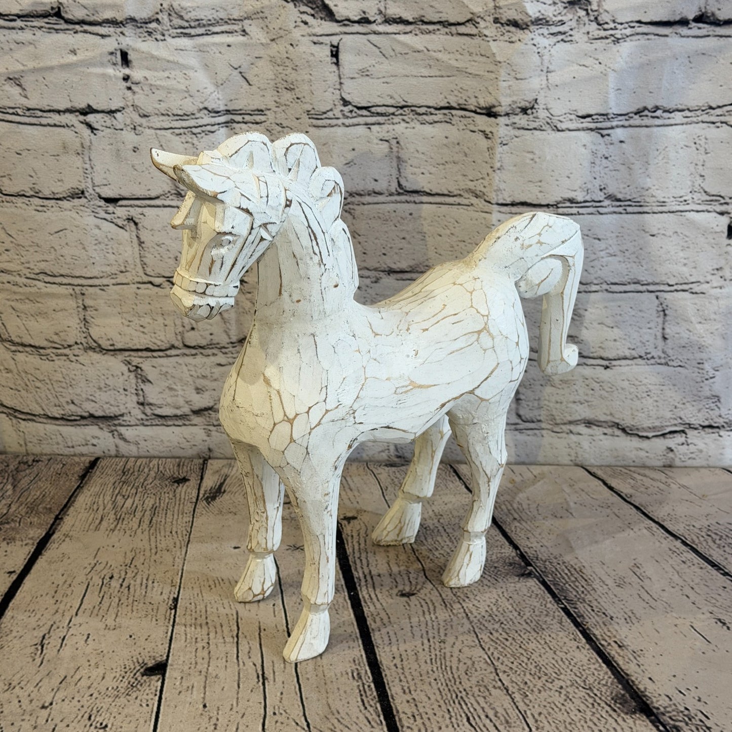 35cm x 35cm White Horse Large Wood Hand Carved Wooden Statue Figurine Decor0