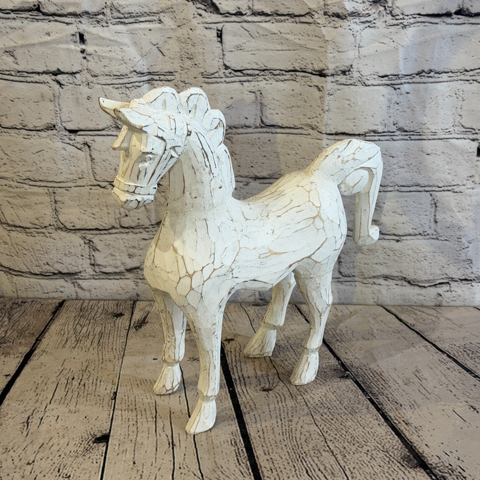 35cm x 35cm White Horse Large Wood Hand Carved Wooden Statue Figurine Decor0