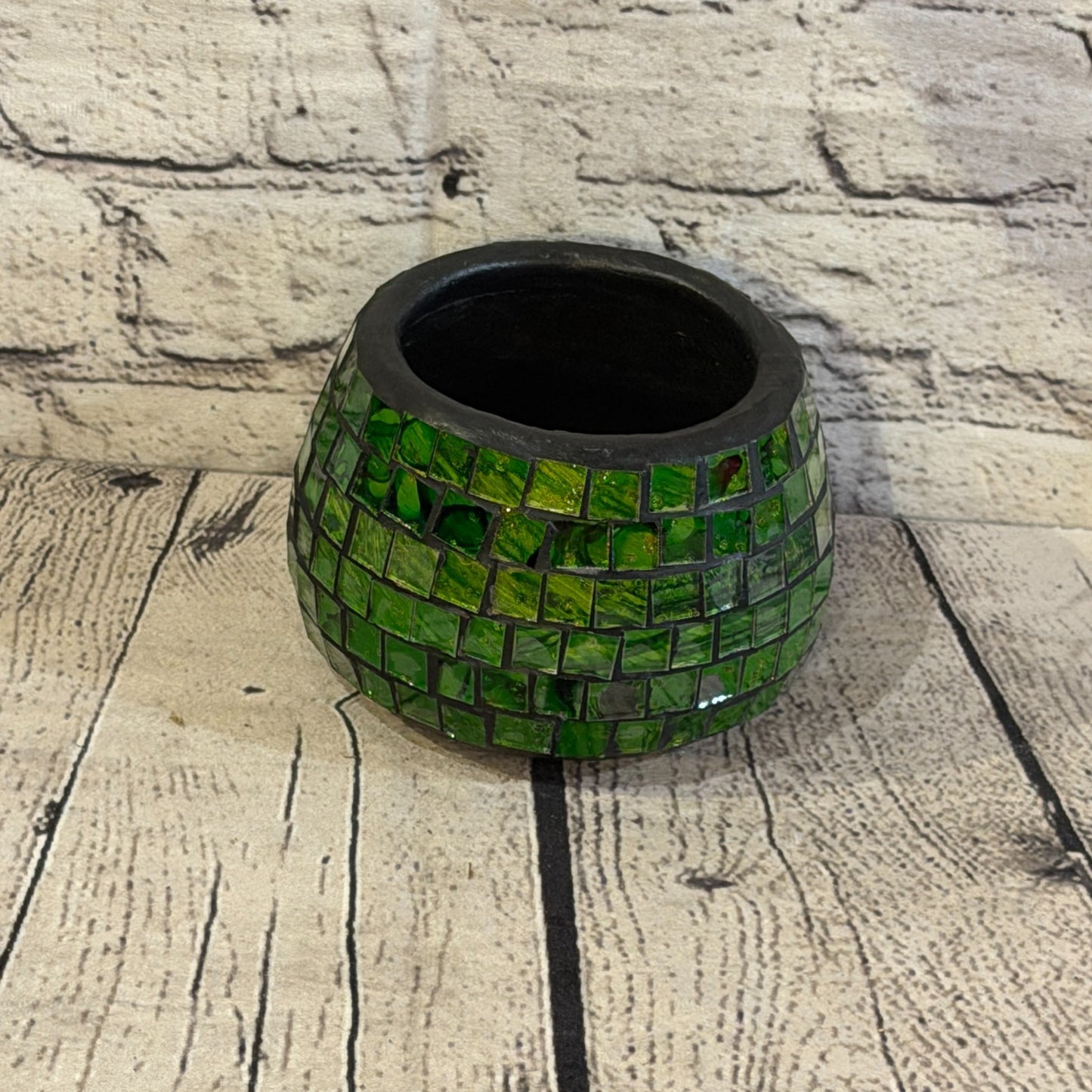 Green Small Pot 12cm Round Mosaic Pottery Incense Holder Burner Detail0