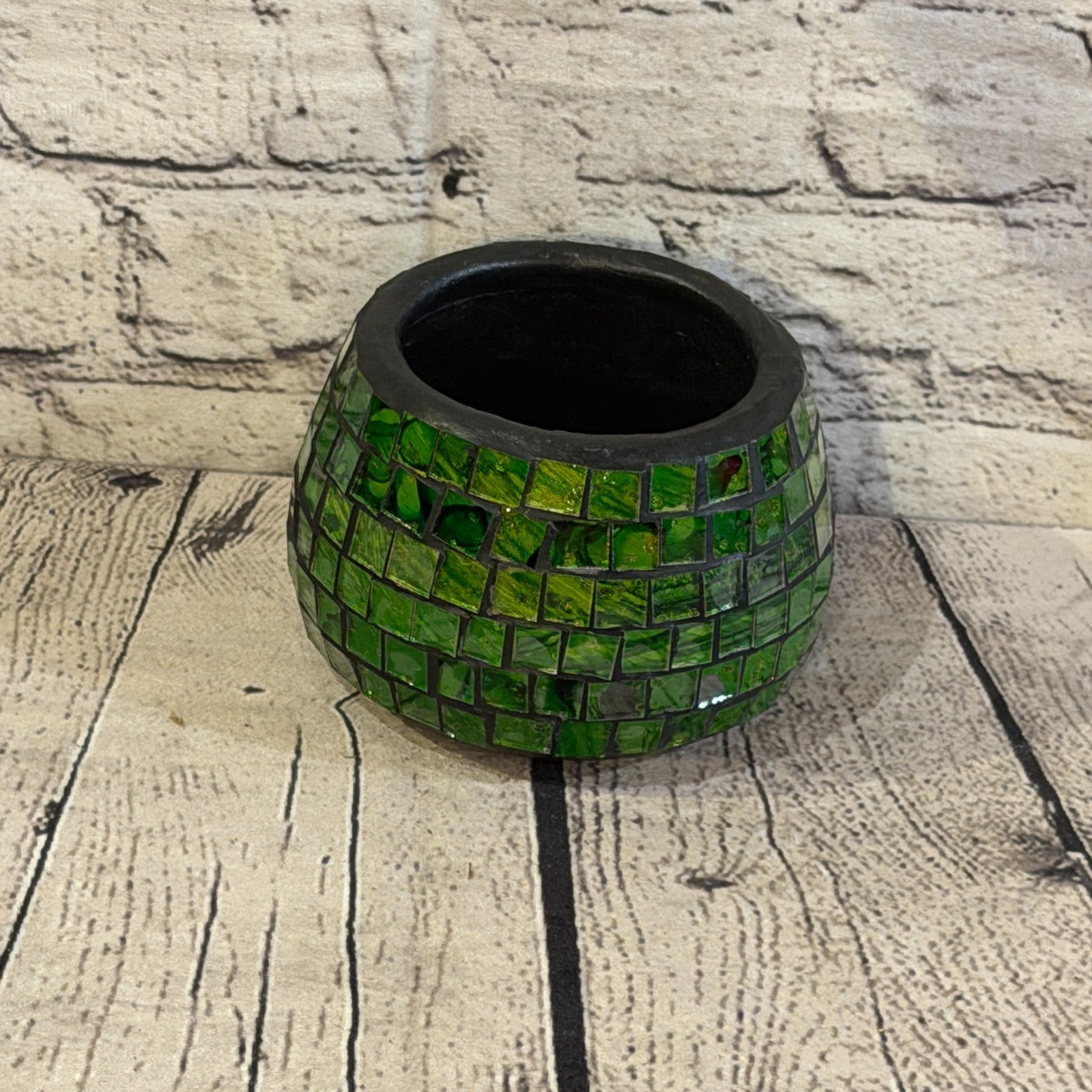 Green Small Pot 12cm Round Mosaic Pottery Incense Holder Burner Detail0