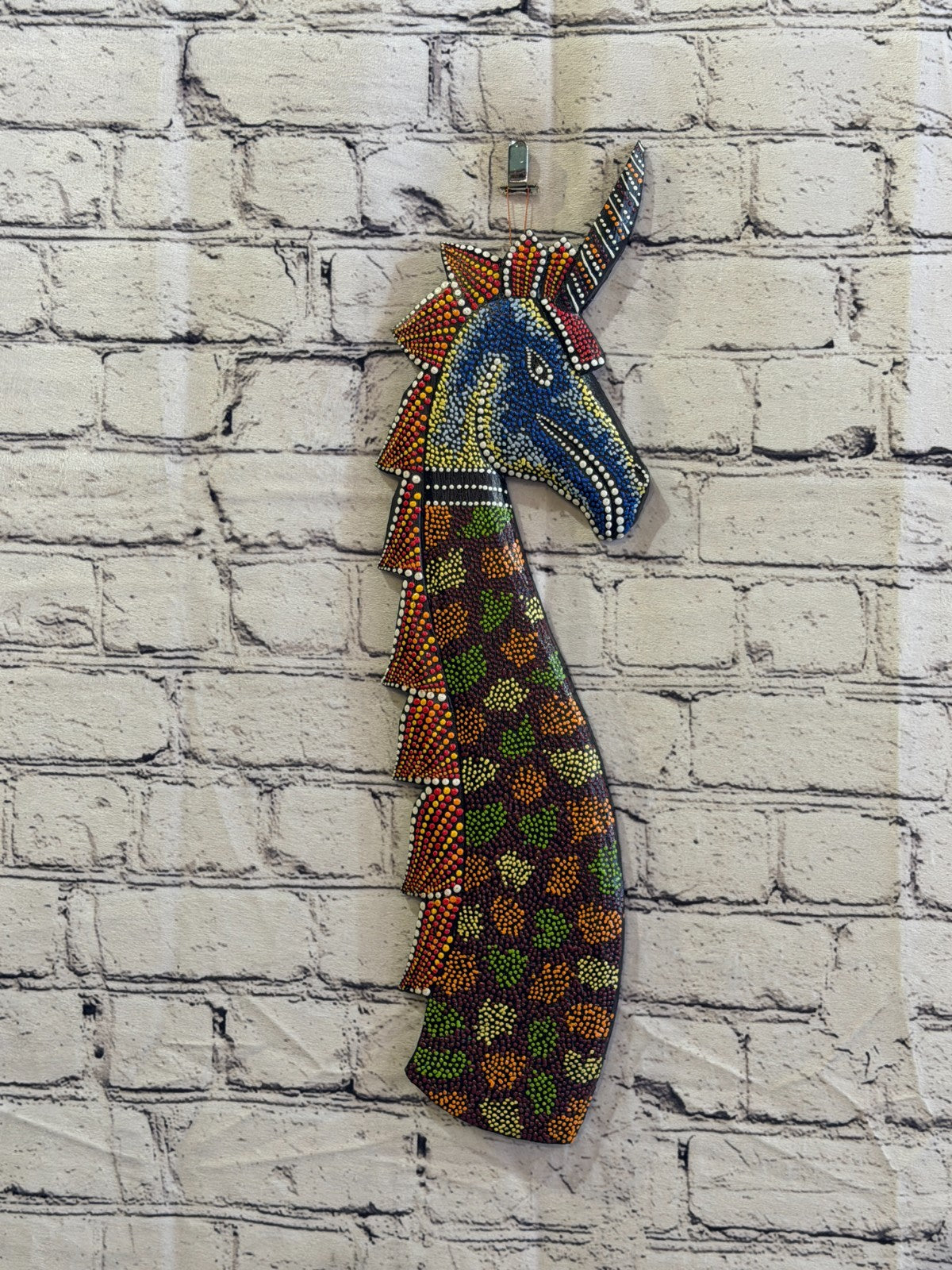 45cm Unicorn Carved Wooden Dot Painted Ethnic Tribal Tiki Wall Art No 42