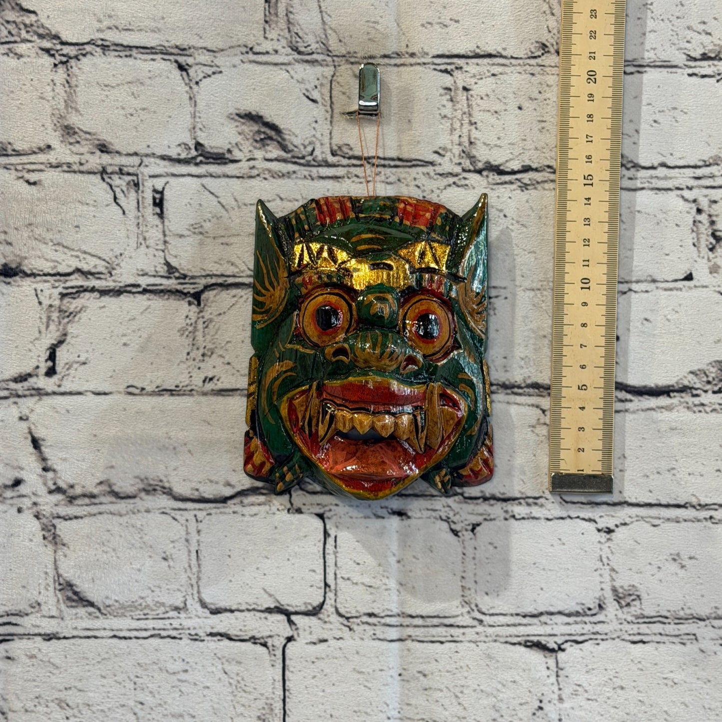 Small Wooden Green Barong Wall Mask 12cm x 12cm Handmade And Fairtrade Hindu4