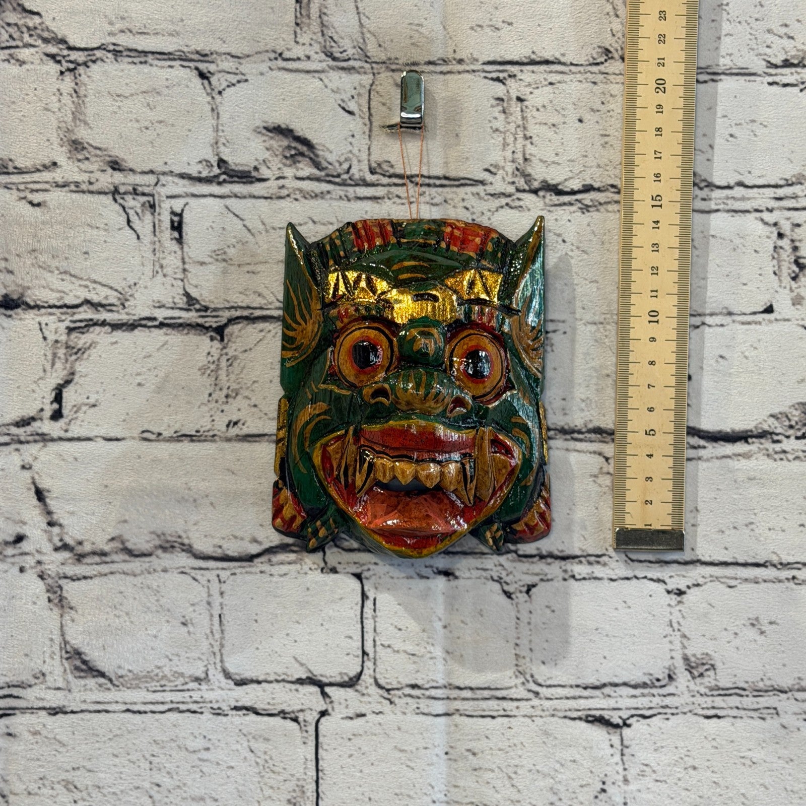Small Wooden Green Barong Wall Mask 12cm x 12cm Handmade And Fairtrade Hindu4