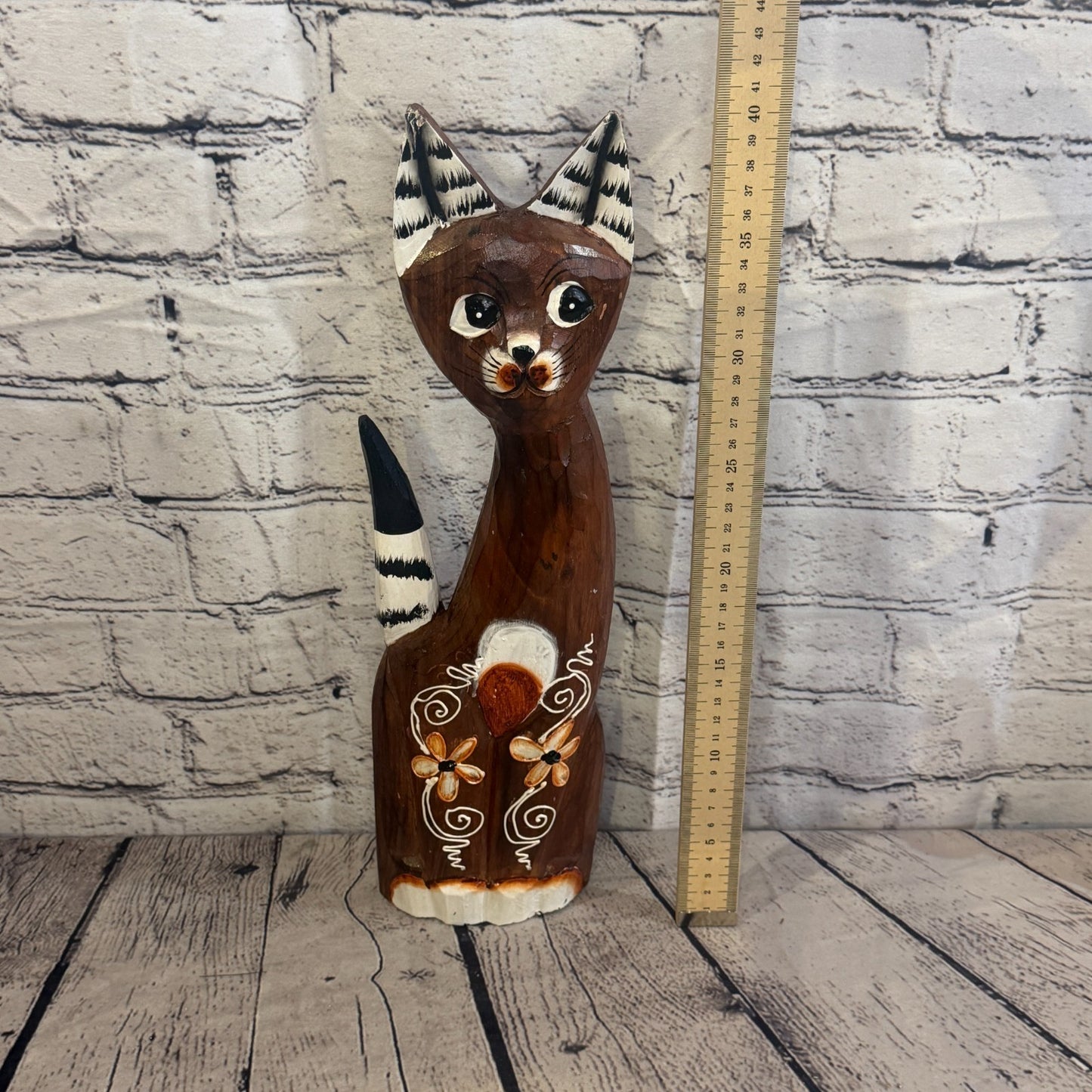 40cm Brown Flower Wooden Shabby Cat Statue Ornament Fair Trade Handcarved5