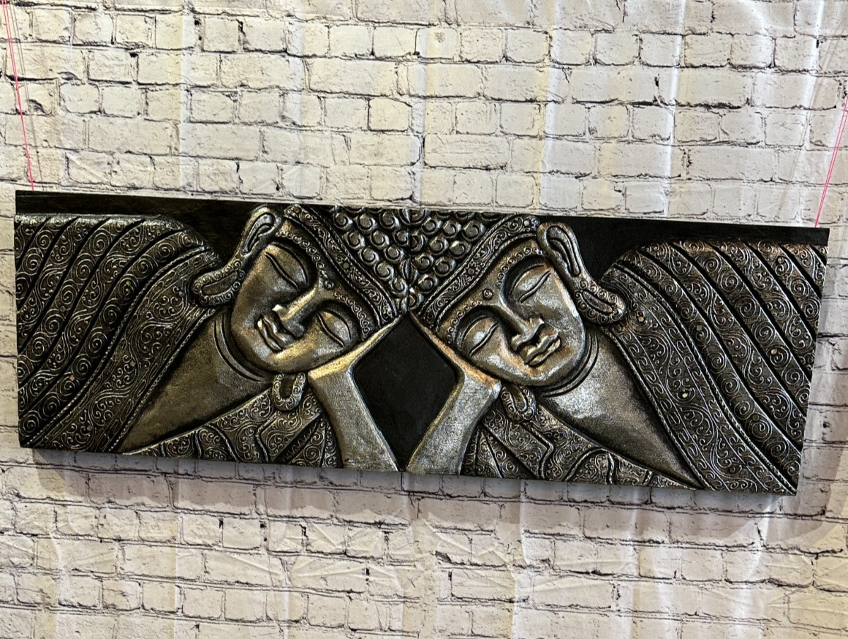 120cm x 40cm Buddha 2 Faces Silver Wooden Wood Panel Wall Art Plaque Handcarved0