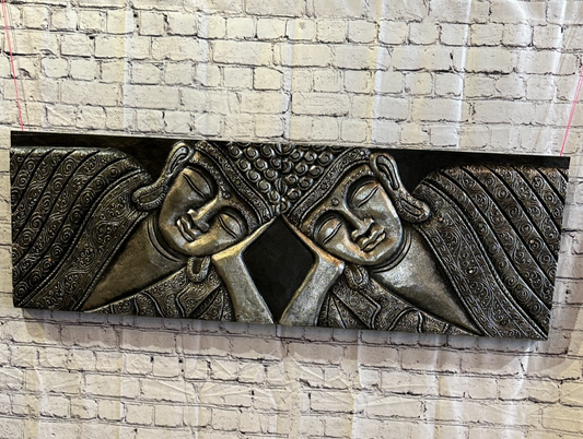 120cm x 40cm Buddha 2 Faces Silver Wooden Wood Panel Wall Art Plaque Handcarved0