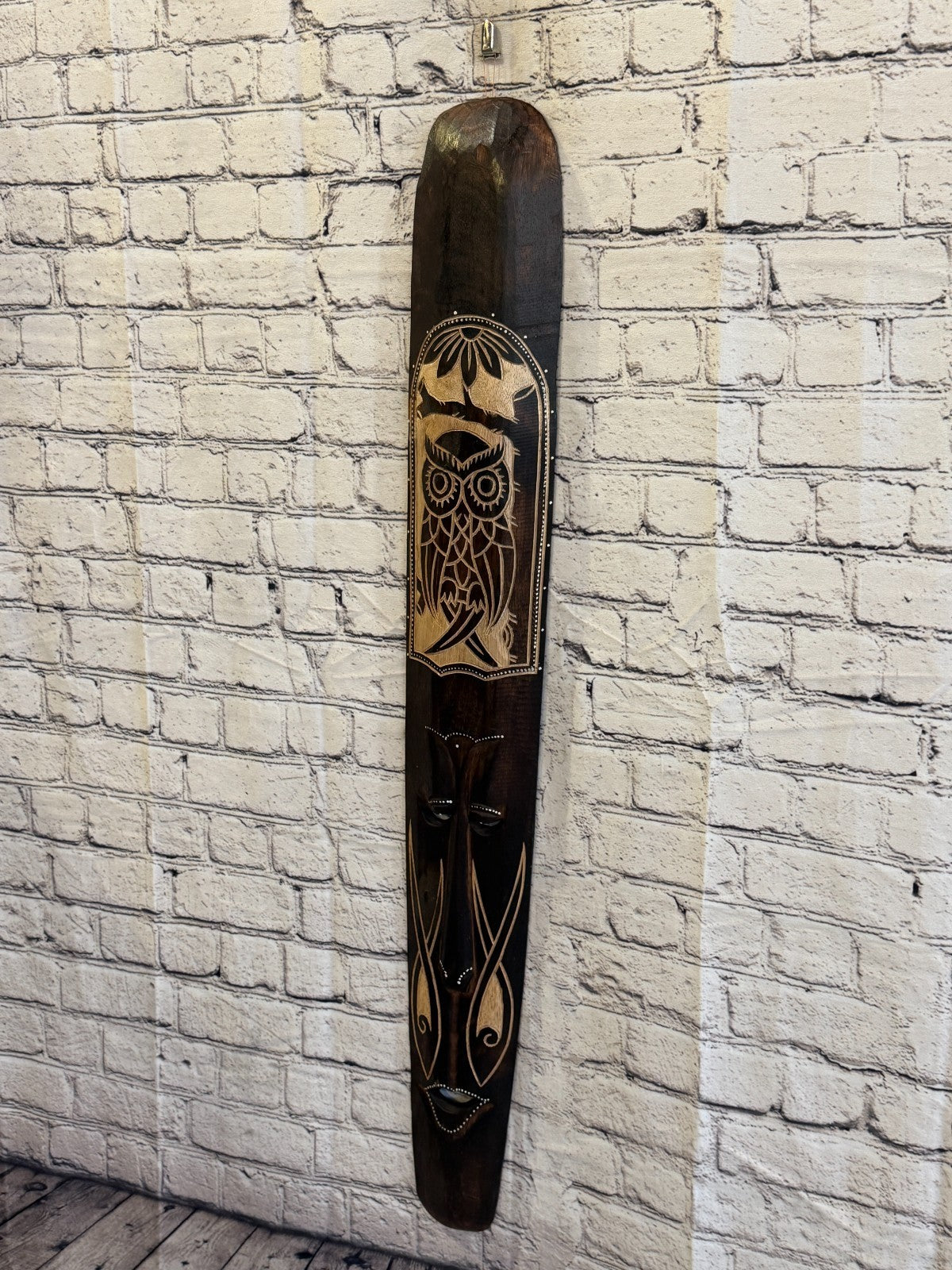 100cm Owl Mask Carved Wooden Brown Work Painted Ethnic Tribal Tiki Wall Art1