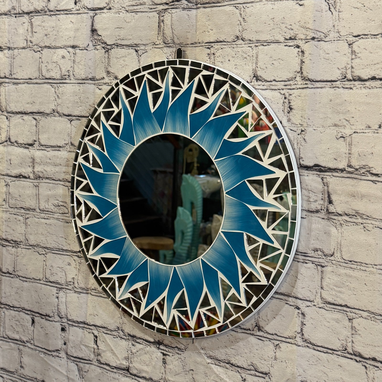 Turquoise Blue Sun Flame Mosaic Tile Wall Mirror 40cm x 40cm 16 Inches Handmade1