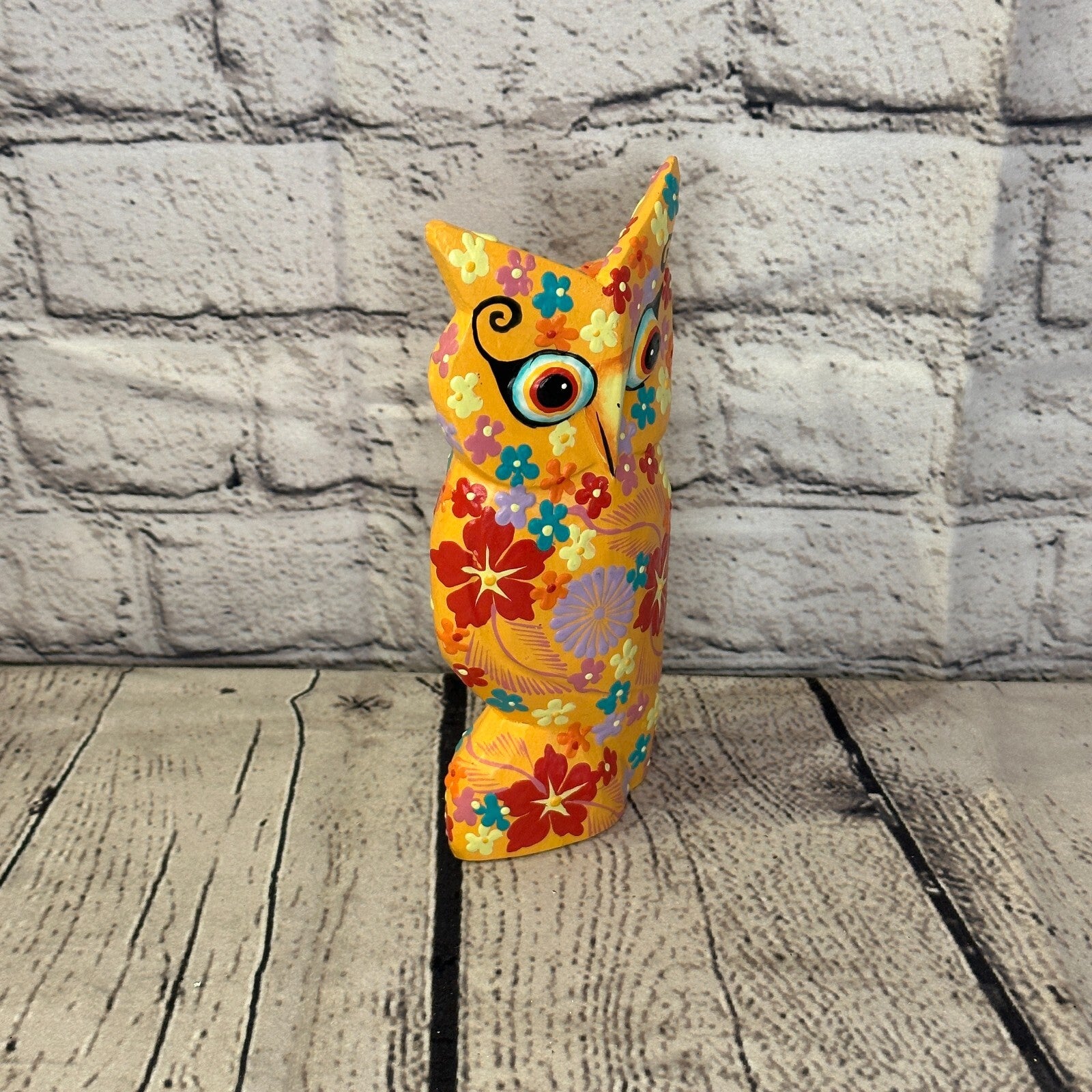 Orange Medium Wooden Owl With Flower Pattern 15cm x 8cm Handmade and Fairtrade2