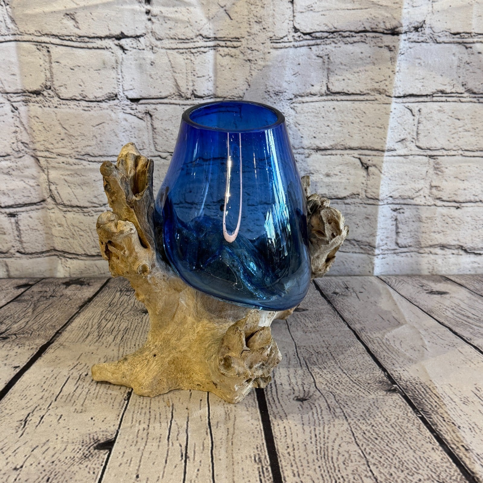 20cm Tall Blue Colour Melted Glass Wood Decorative Vase Glass Sculpture Crafted1