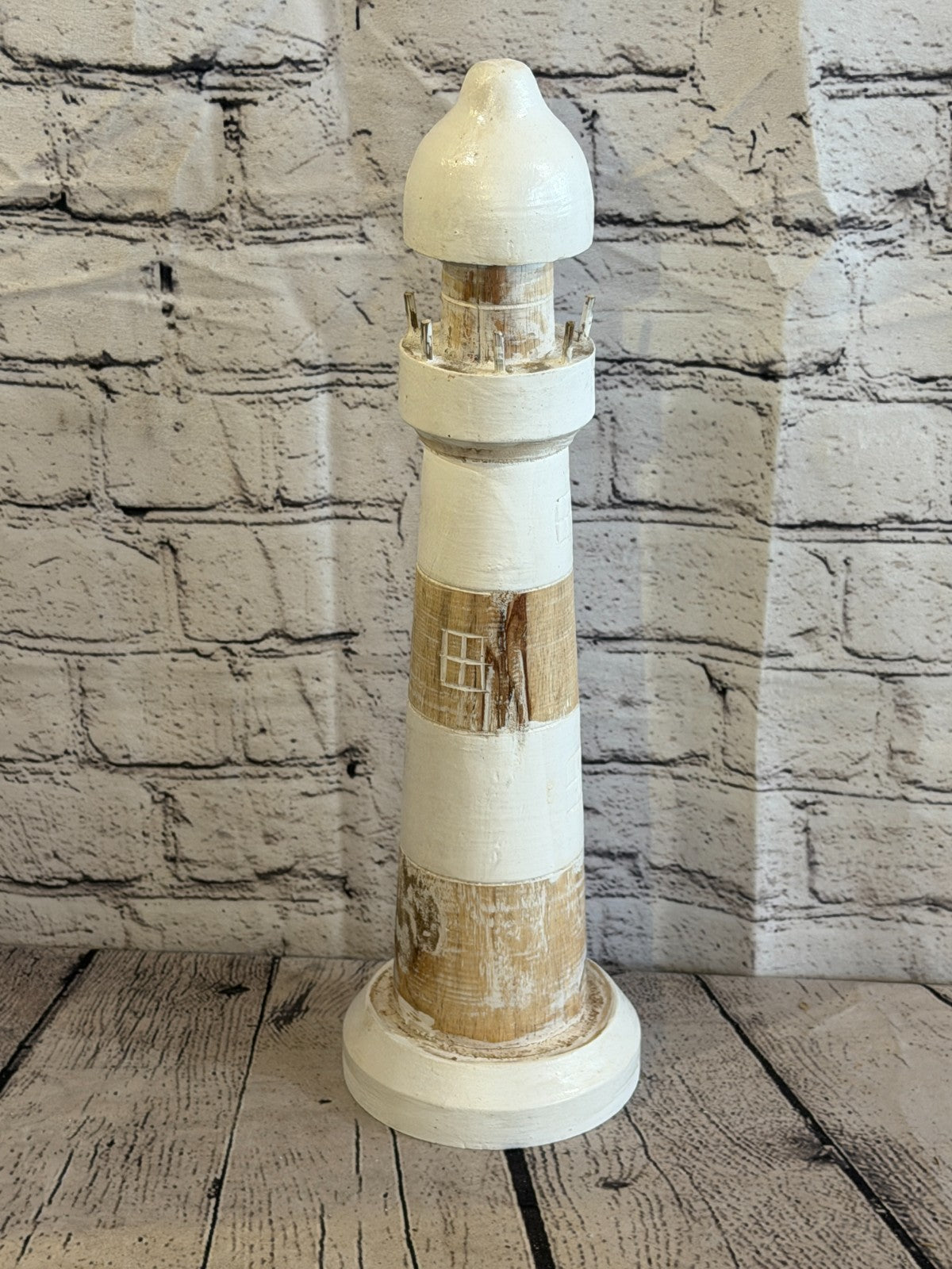 40cm Cream White Wooden Lighthouse Ornament Nautical Coastal Sculpture Statue2