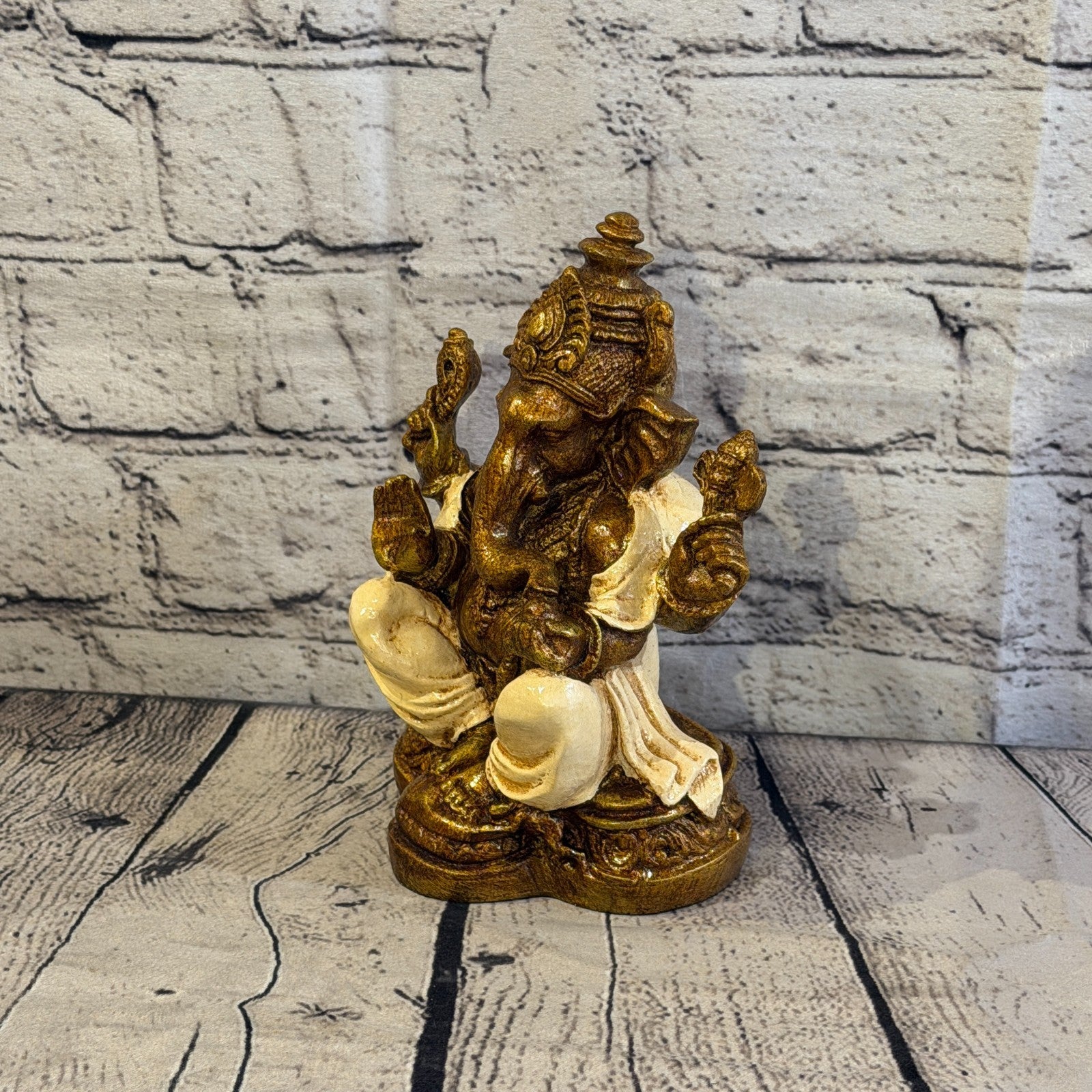 Cream & Bronze 18cm Large Ganesh Ganesa Sitting On Lotus Statue Resin Hindu1