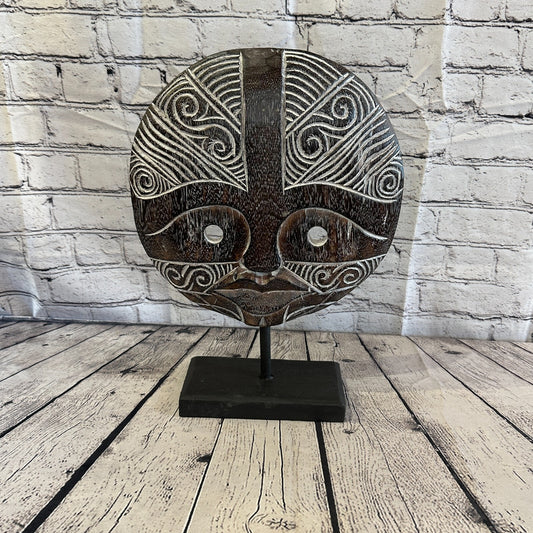 40cm x 35cm  Wooden Tribal Primitive Black Mask Stand Sculpture Statue Art0