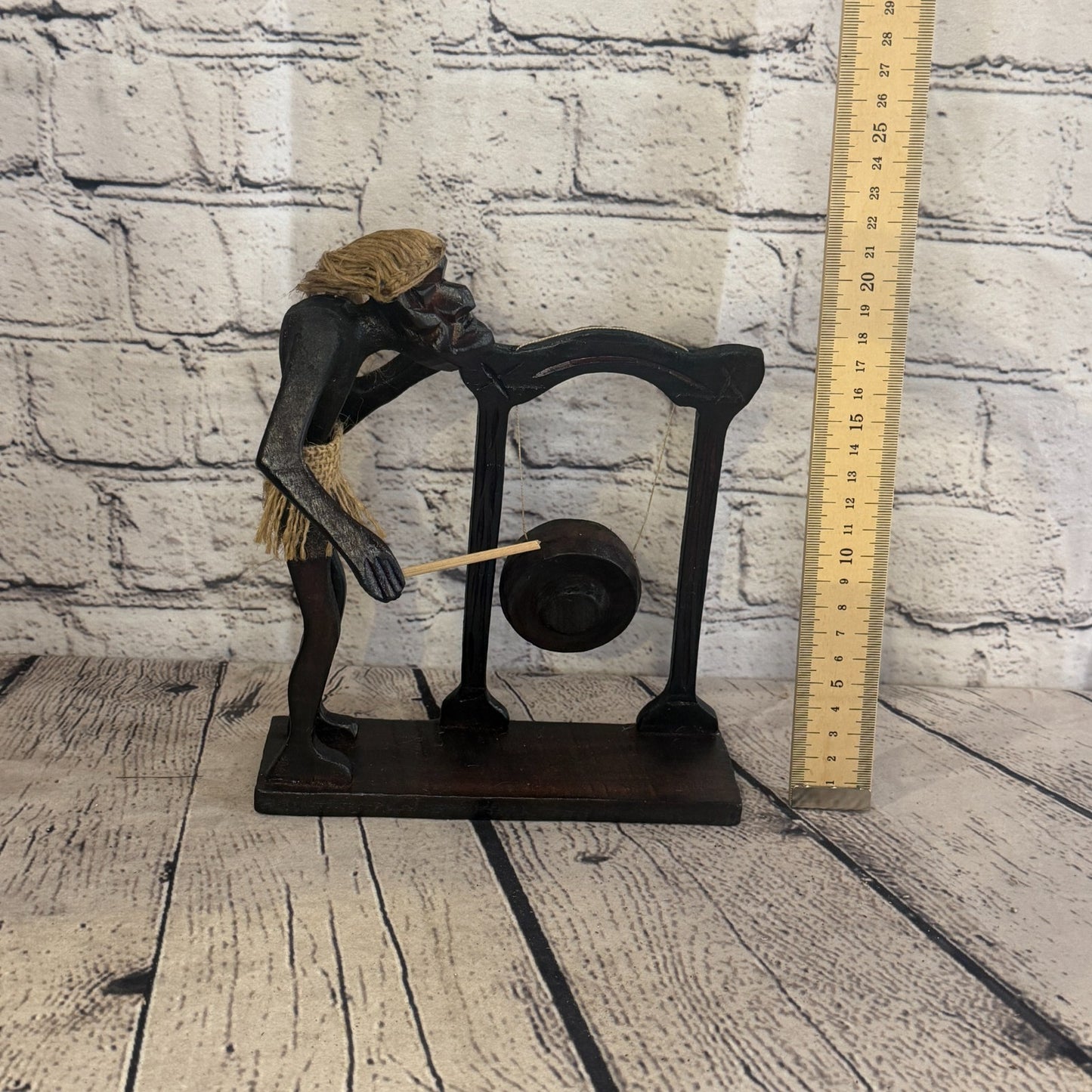 20cm Gong Playing African Tribal Warrior Man Figure Statue Wood Hand Carved5