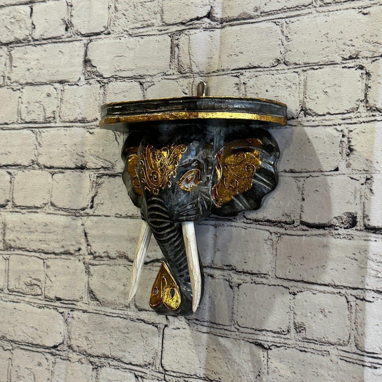 20cm x 20cm Black Gold Shelf Wood Elephant Head Wall Mounted Art Large Shabby1