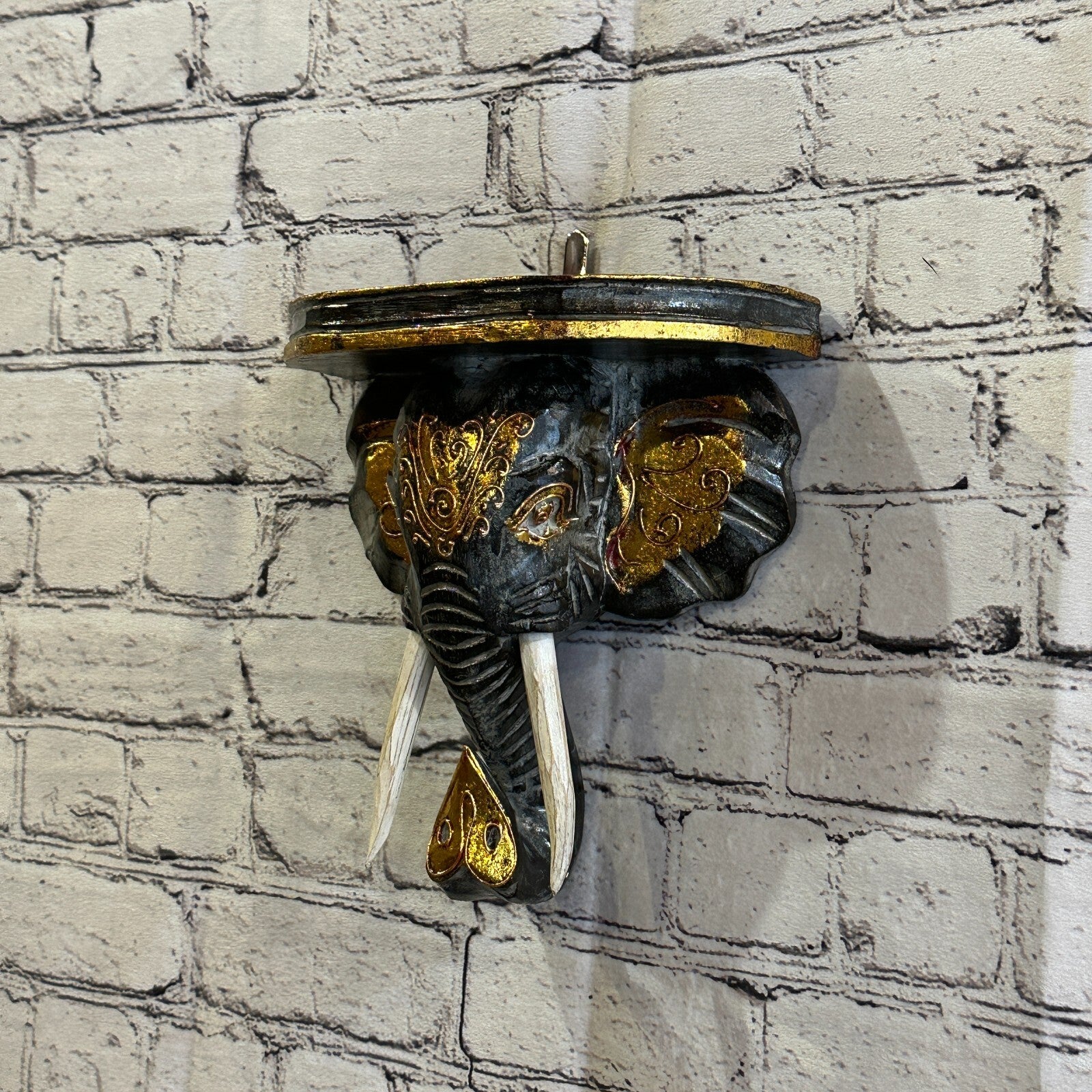 20cm x 20cm Black Gold Shelf Wood Elephant Head Wall Mounted Art Large Shabby1