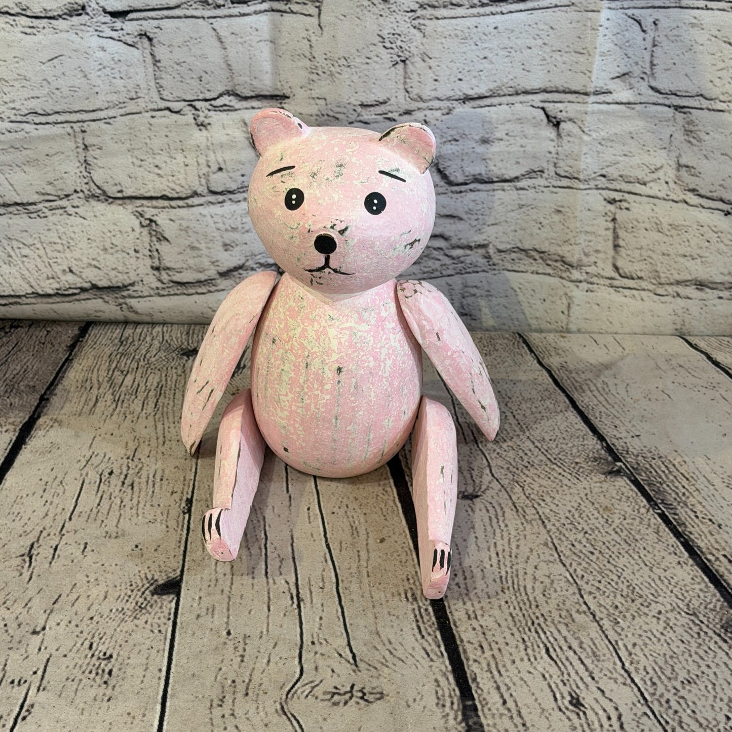 20cm Pink Teddy Bear Sitting Animal, Wooden Shelf Ornament Handmade & Fairtrade1