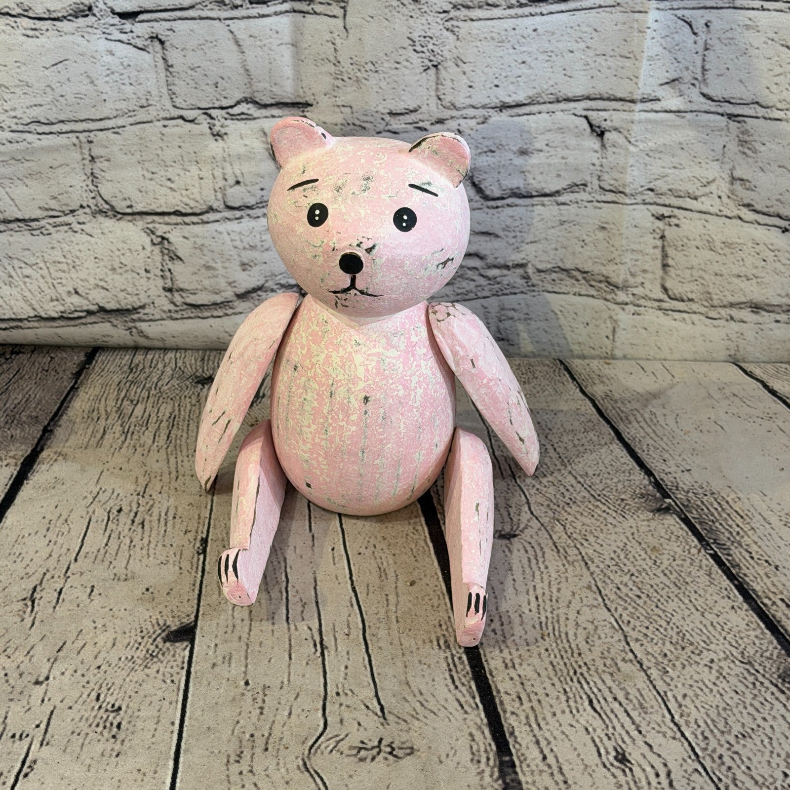 20cm Pink Teddy Bear Sitting Animal, Wooden Shelf Ornament Handmade & Fairtrade1