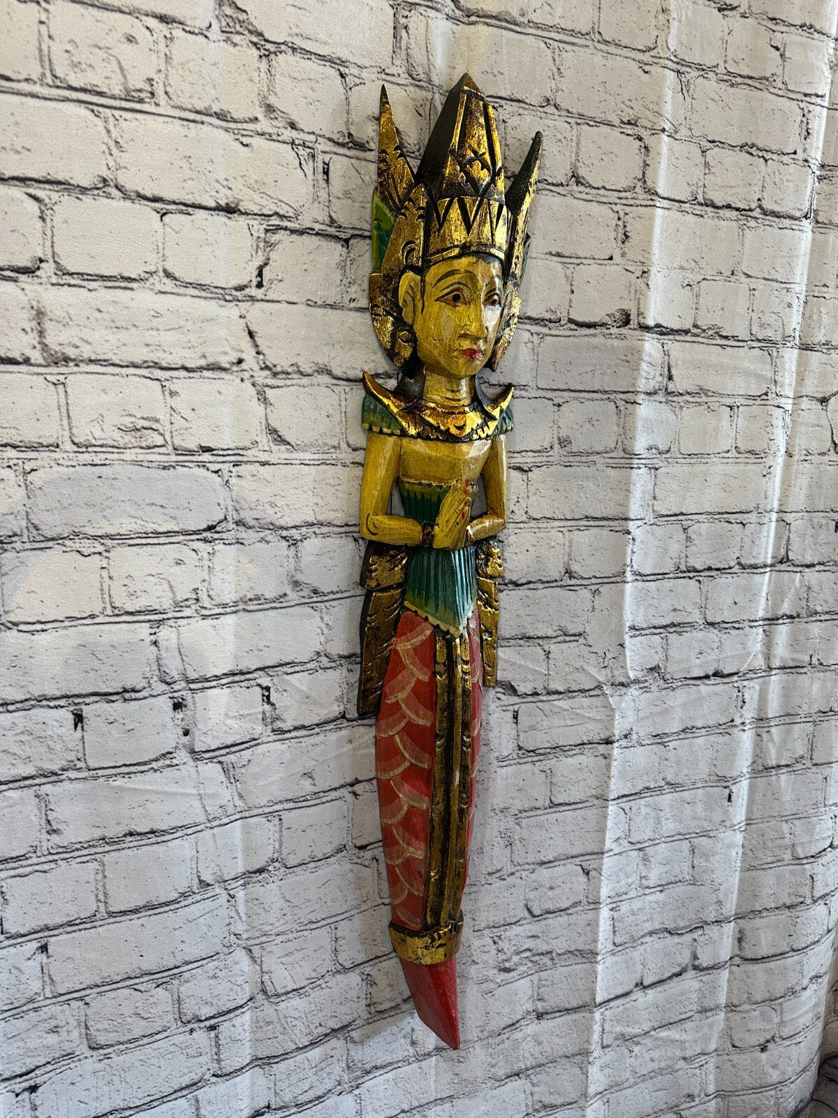 Old Antique Colour Sita Dewi Bali Rice Goddess Wings Mermaid Wood 80cm Pair1