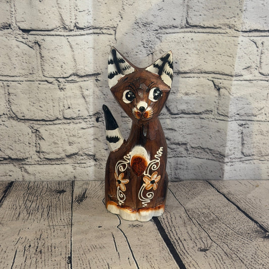 20cm Brown Flower Wooden Shabby Cat Statue Ornament Fair Trade Handcarved0