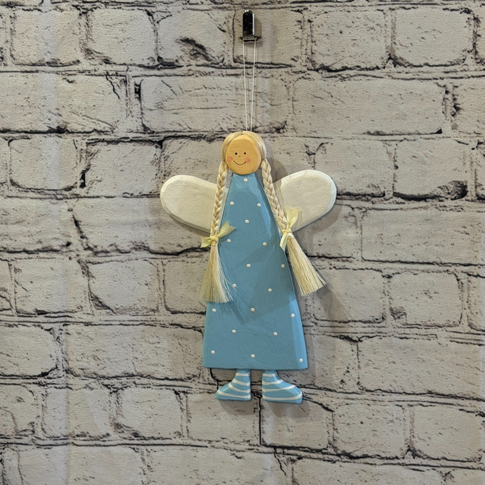 25cm Blue Wall Hanging Angel Figurine Folk Art Wood Fabric Baltic Handmade4