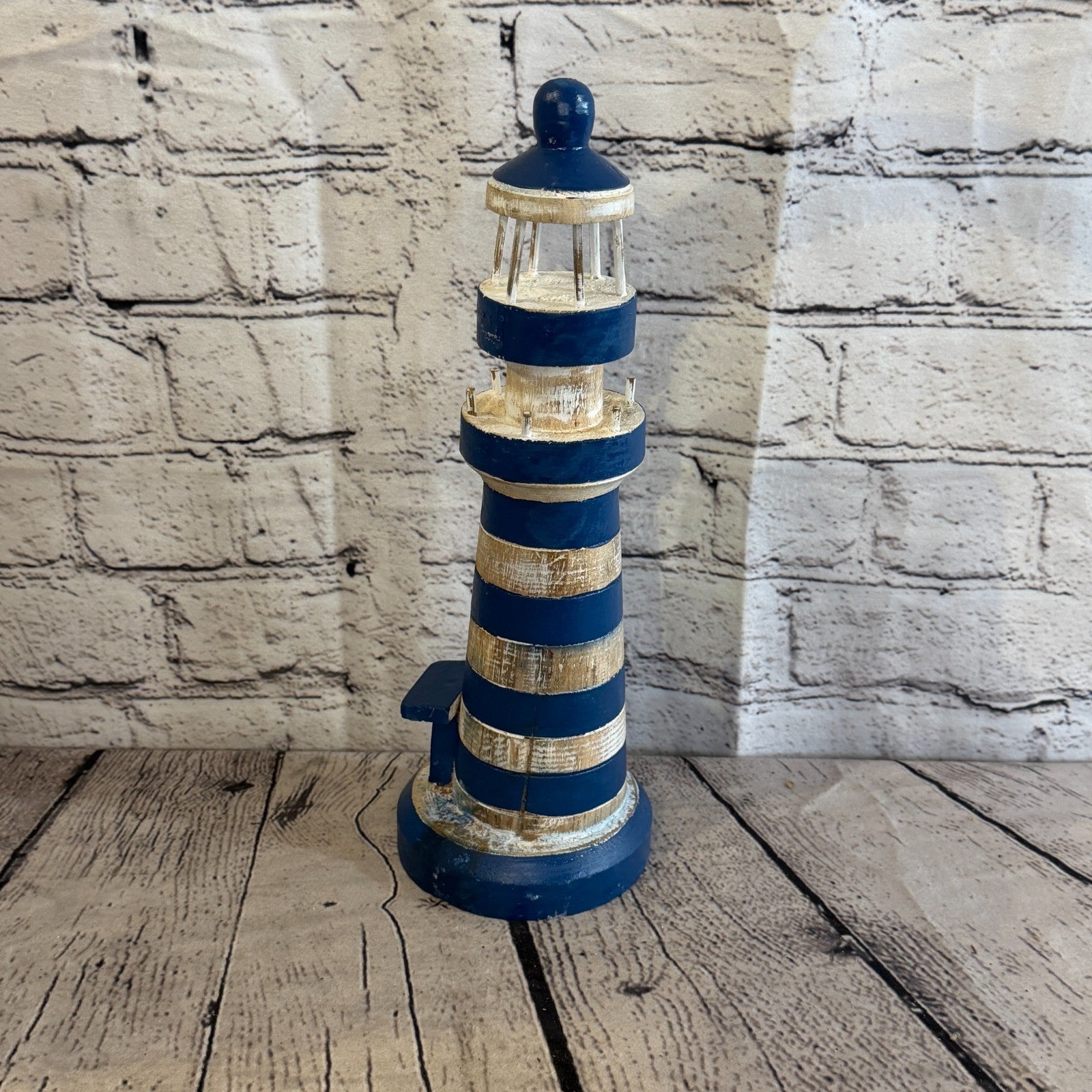 30cm Blue White Wooden Lighthouse Detailed Ornament Nautical Coastal Sculpture2