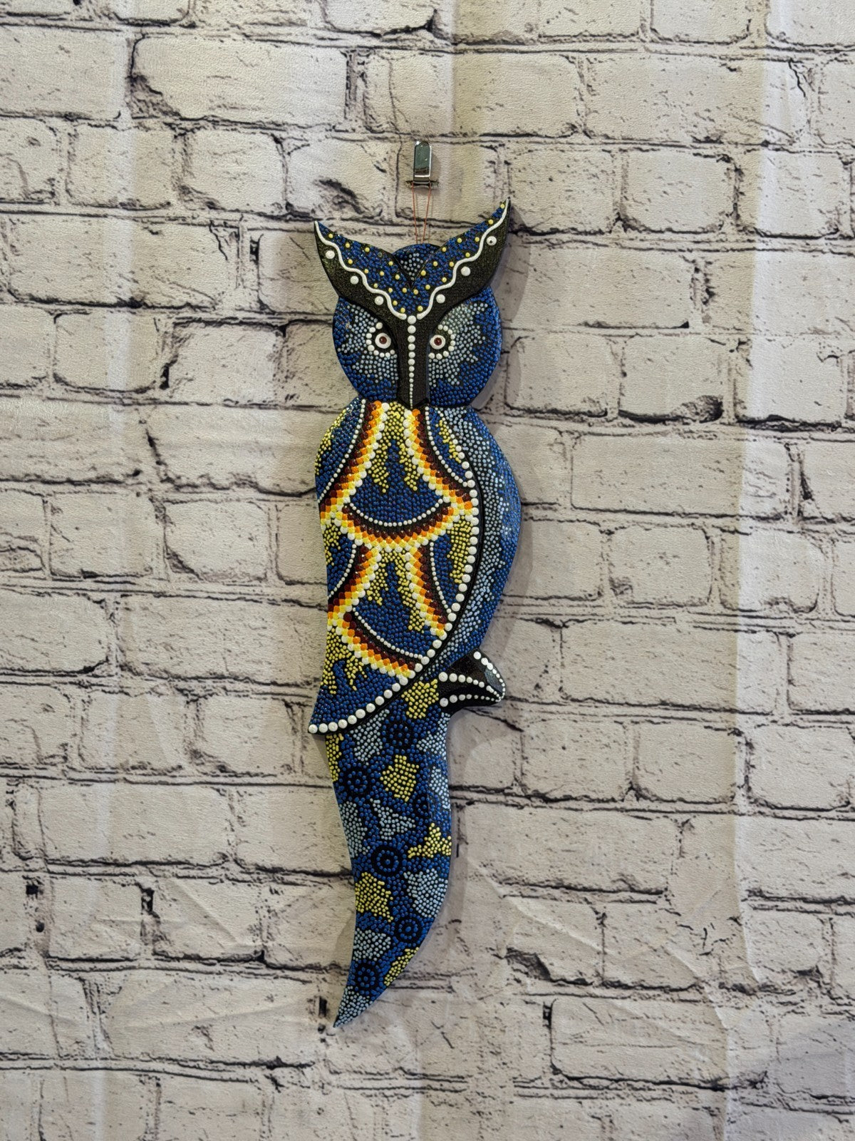 45cm Owl Bird Carved Wooden Dot Painted Ethnic Tribal Tiki Wall Art No 52