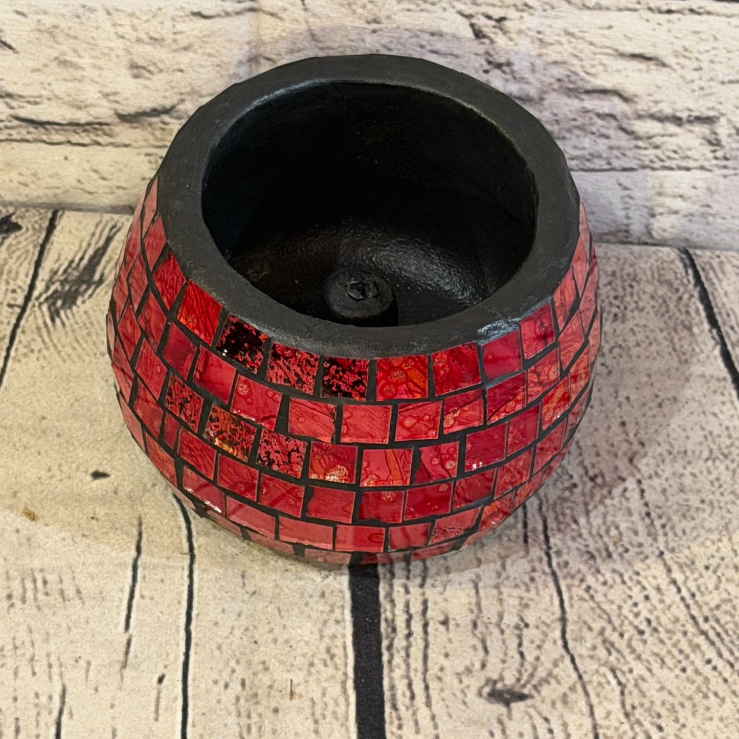 Red Small Pot 12cm Round Mosaic Pottery Incense Holder Burner Detail2