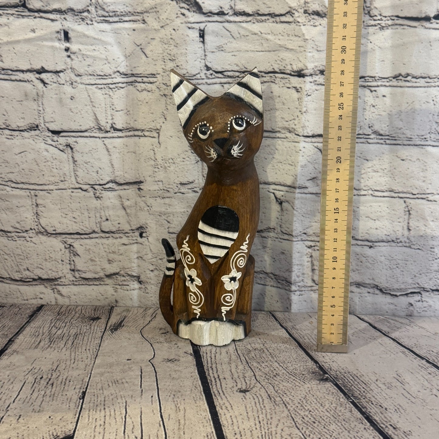30cm Brown Flower Wooden Shabby Cat Statue Ornament Fair Trade Handcarved5