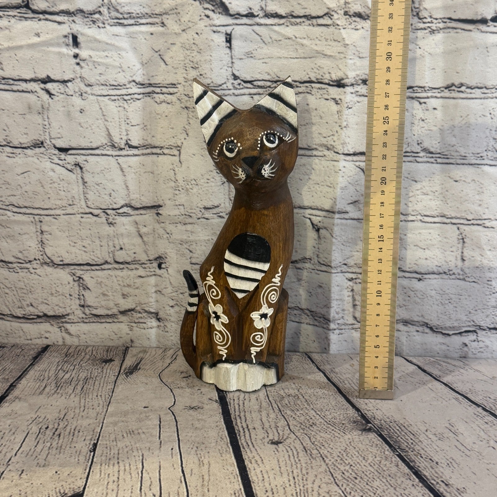 30cm Brown Flower Wooden Shabby Cat Statue Ornament Fair Trade Handcarved5